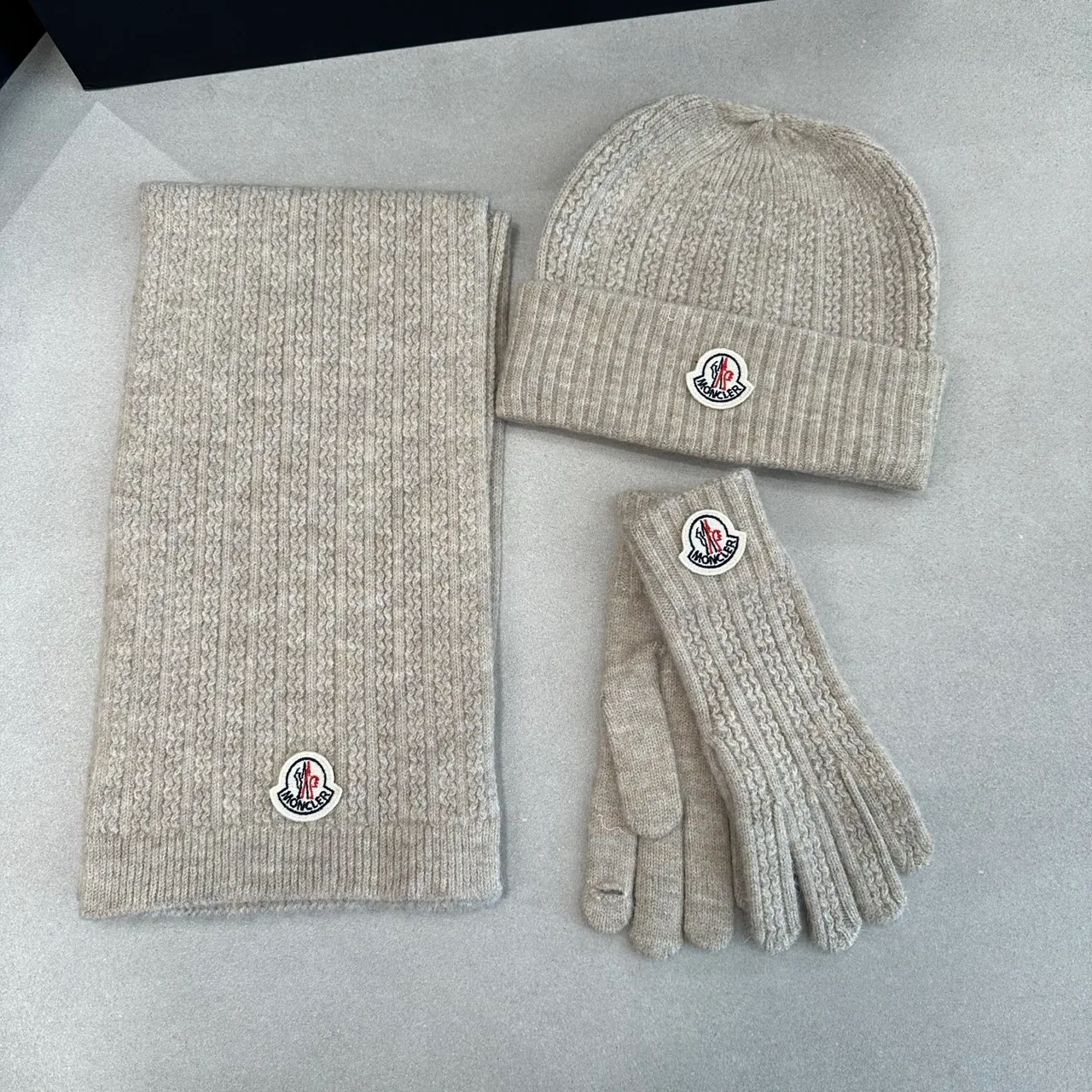 Moncler Hat, Scarf and Gloves Set in Red & Black & White & Grey & Beige · view 5