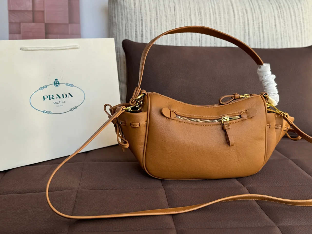 Prada Ribbed Hobo Bag in Tan · view 3
