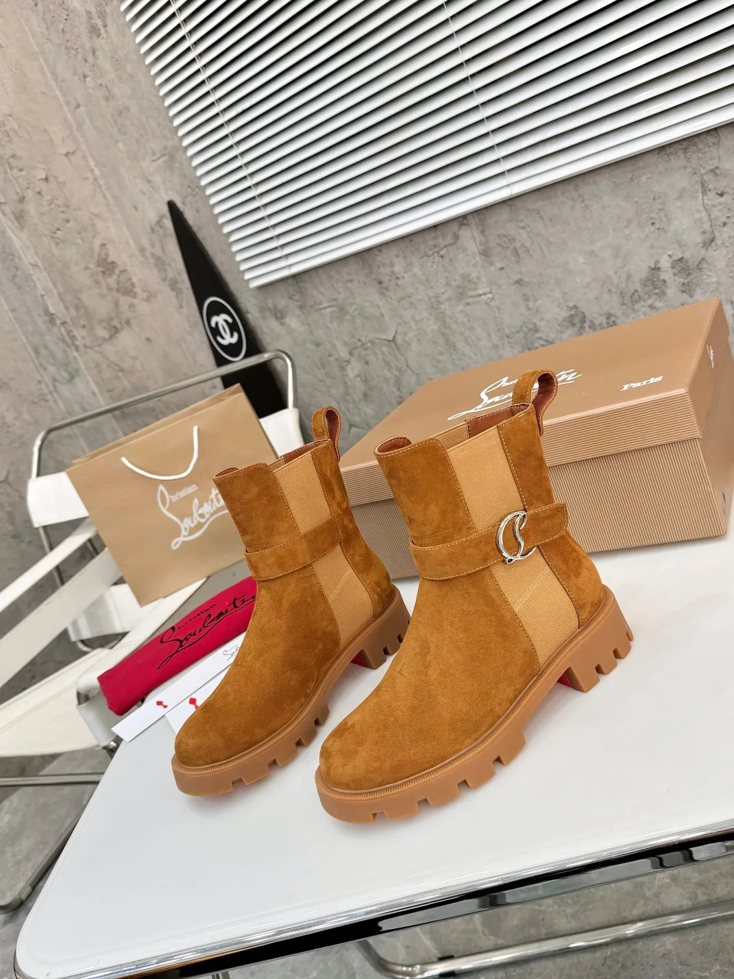 Christian Louboutin Buckle Chelsea Boots in Black & Brown · view 6