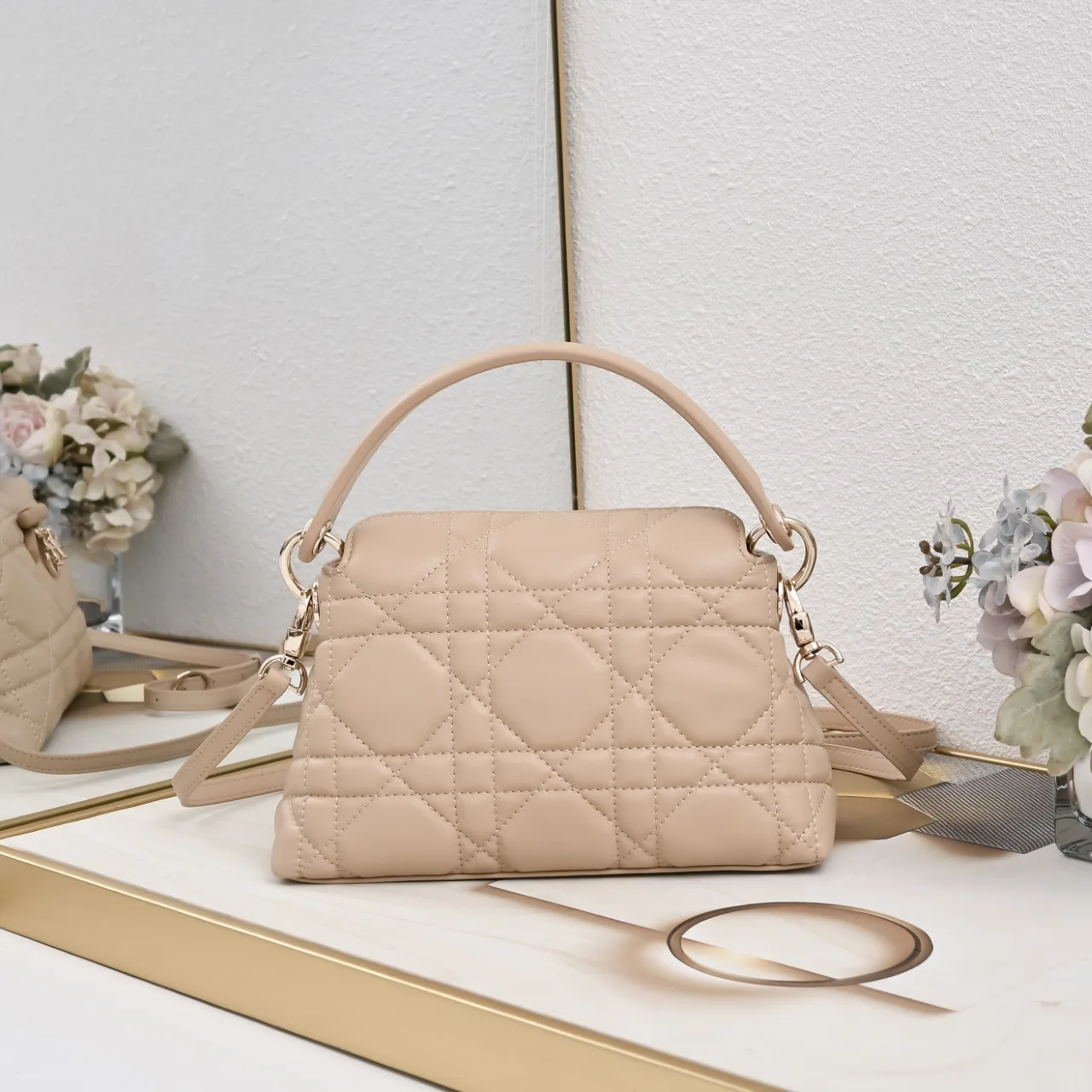 Dior Sheepskin Quilted Bow Top-Handle Bag in Beige · view 3