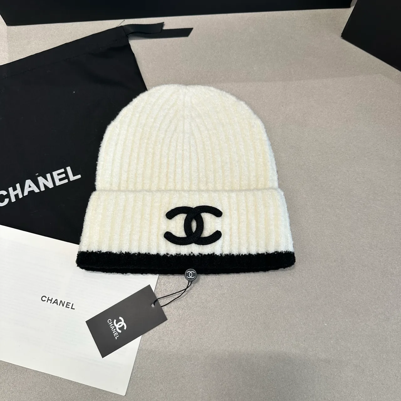 Chanel Contrast-Edge CC Beanie in Black & Cream · view 2