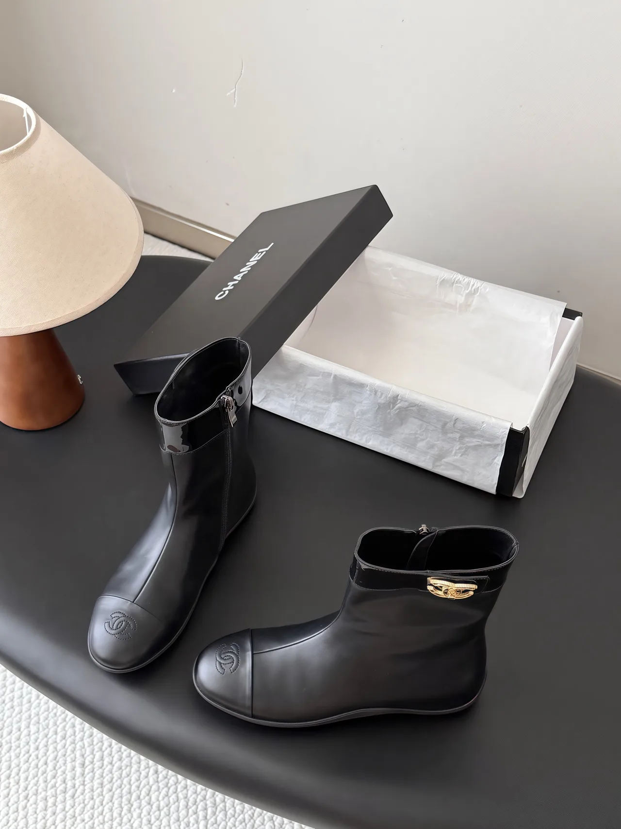 Chanel Cowhide Glossy Round-Toe Boots in Black · view 3
