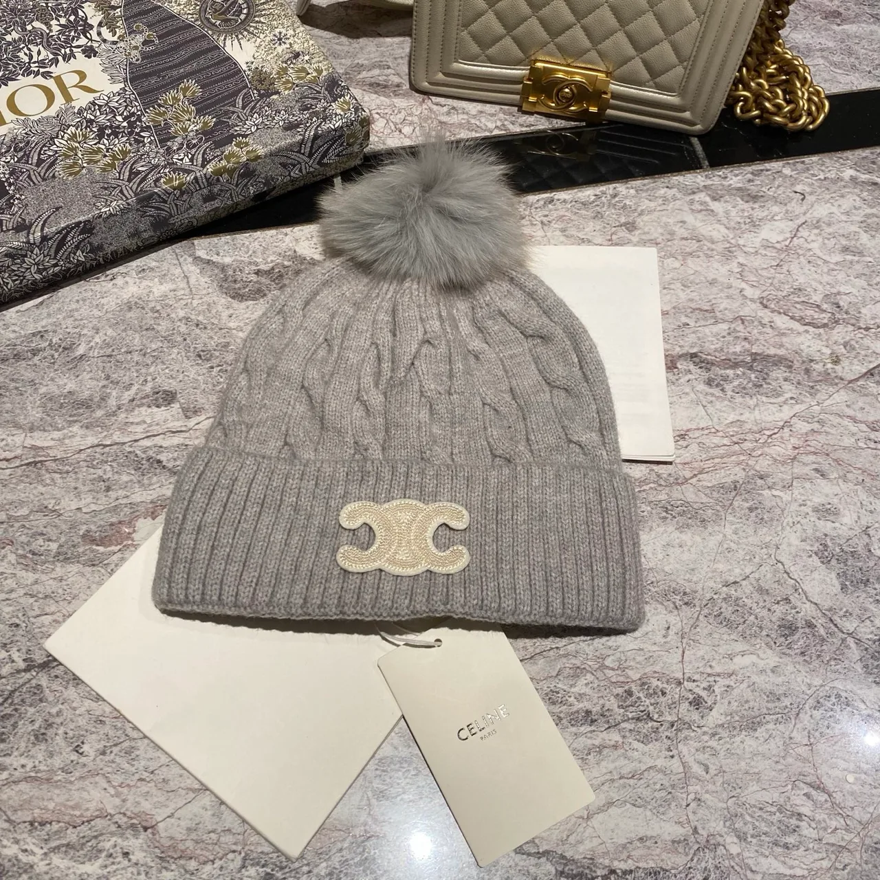 Celine Triomphe Pom Beanie in Black & White & Grey & Brown & Blue & Red & Pink · view 5