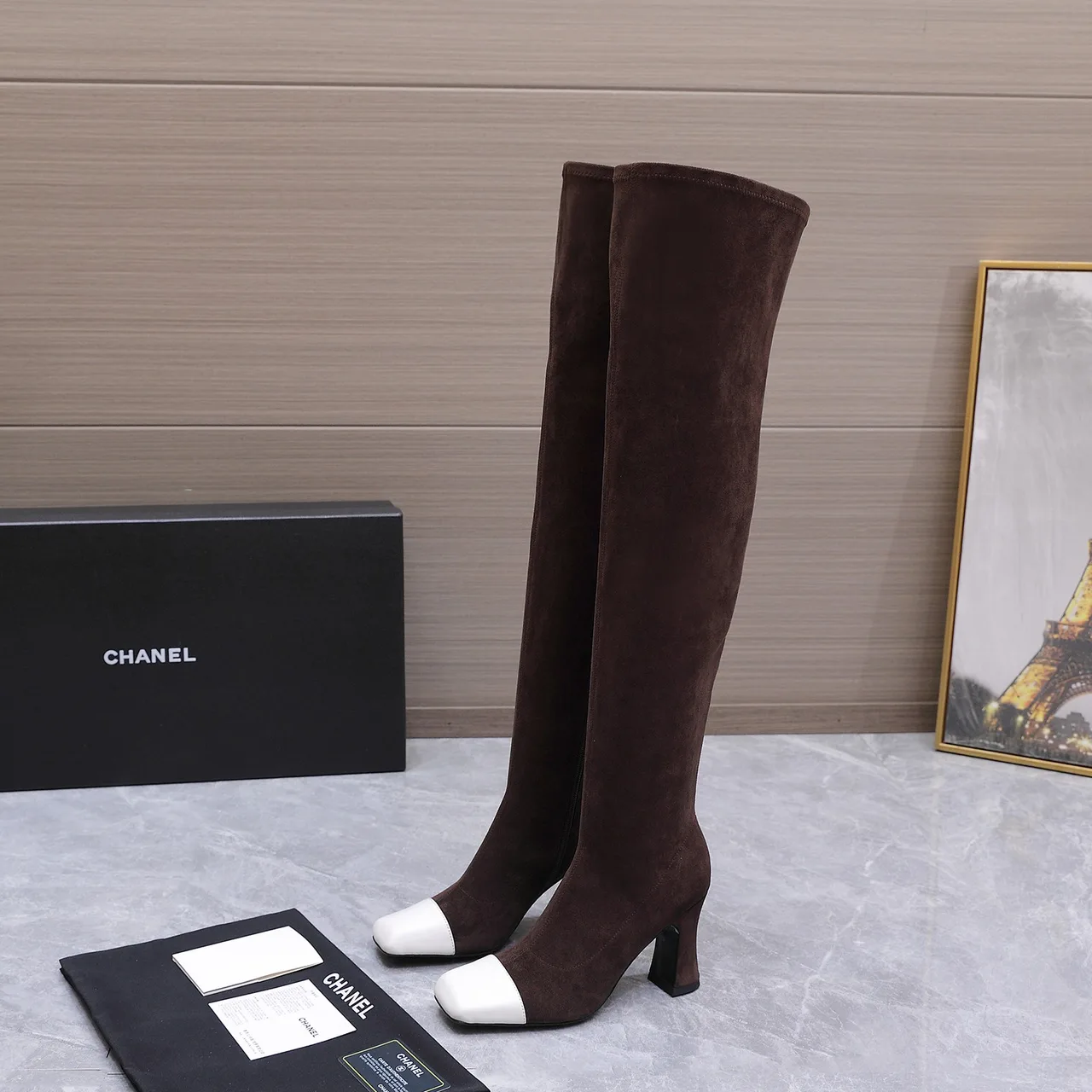 Chanel Cowhide Toe-Cap Knee Boots in Brown · view 4