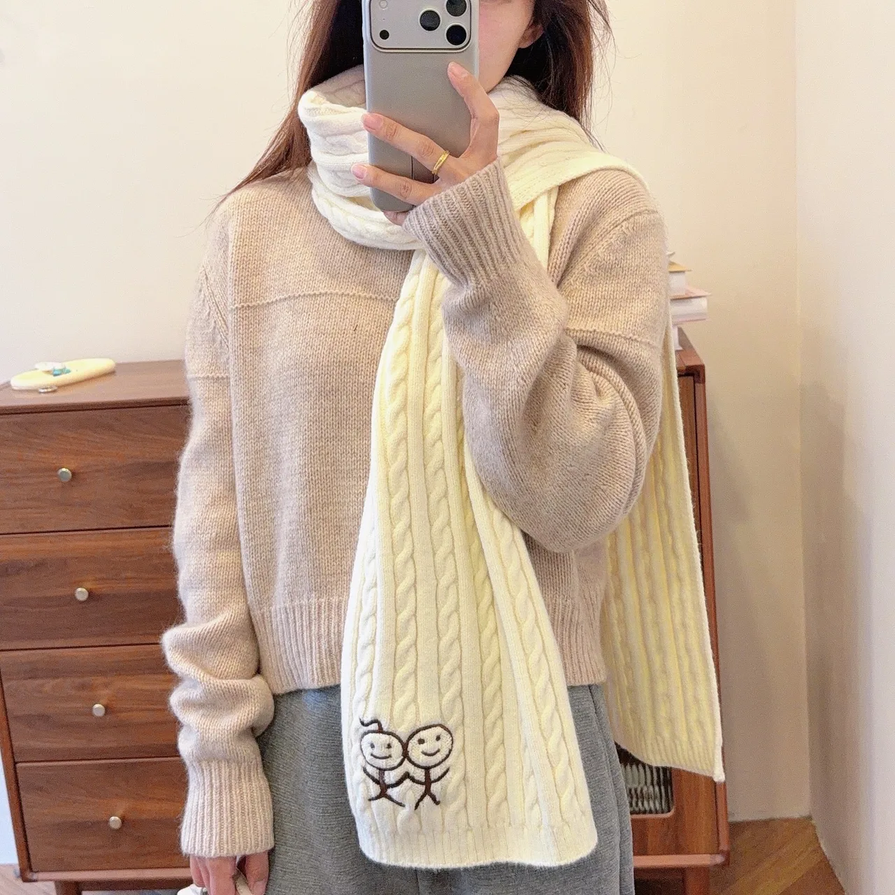 Embroidered Stick-Figure Cable-Knit Scarf in White · view 6