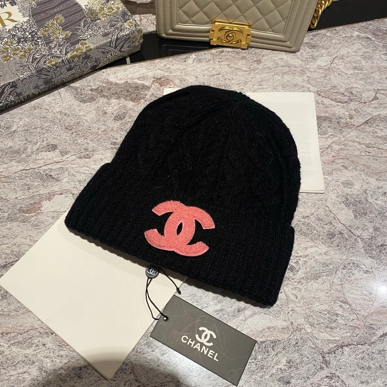Chanel Cable-Knit Beanie in Black / White / Cream / Tan / Grey · view 3