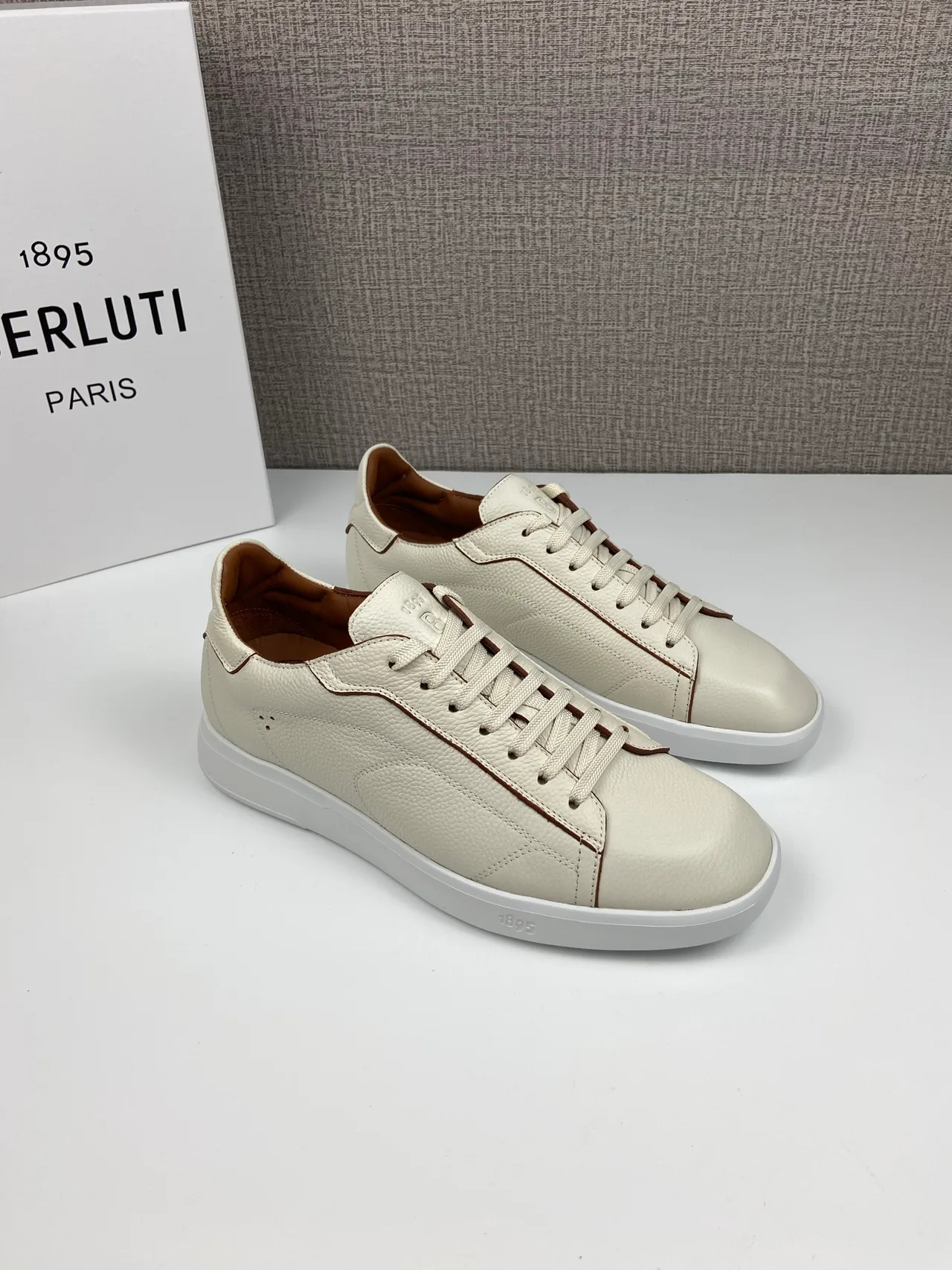 Berluti Leather Smooth Round-Toe Lace-Up Sneakers in White · view 3
