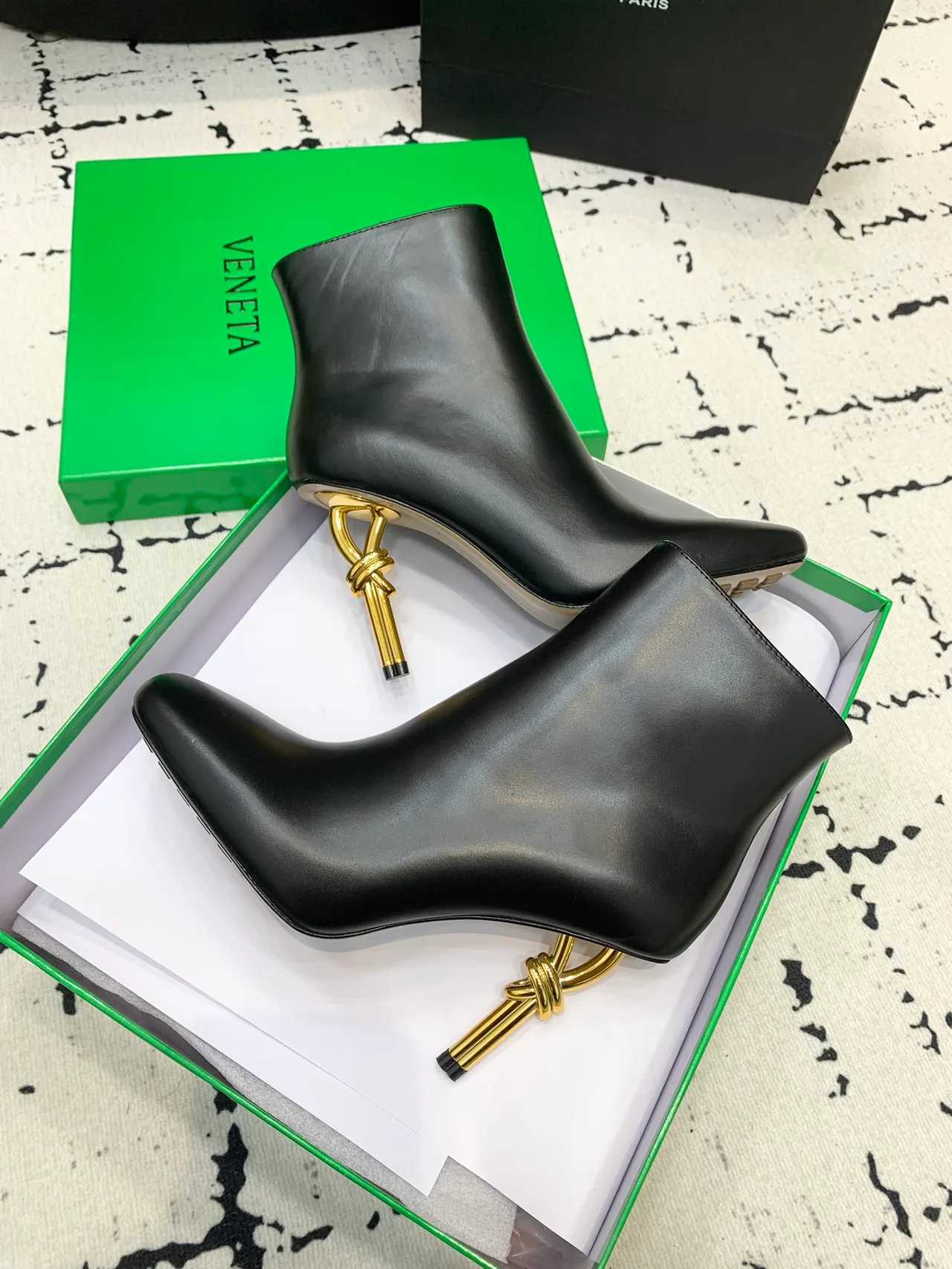 Calfskin Smooth Pointed-Toe Knot-Heel Ankle Boots in Black · view 4
