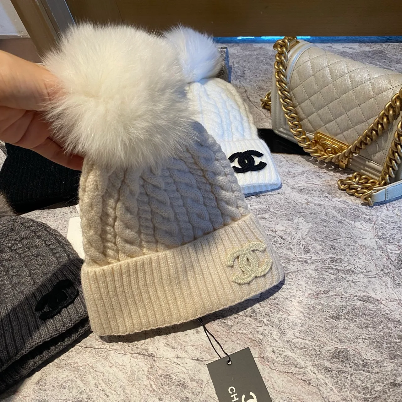Chanel Pom-Pom Beanie in Black & White & Beige & Brown & Grey · view 6