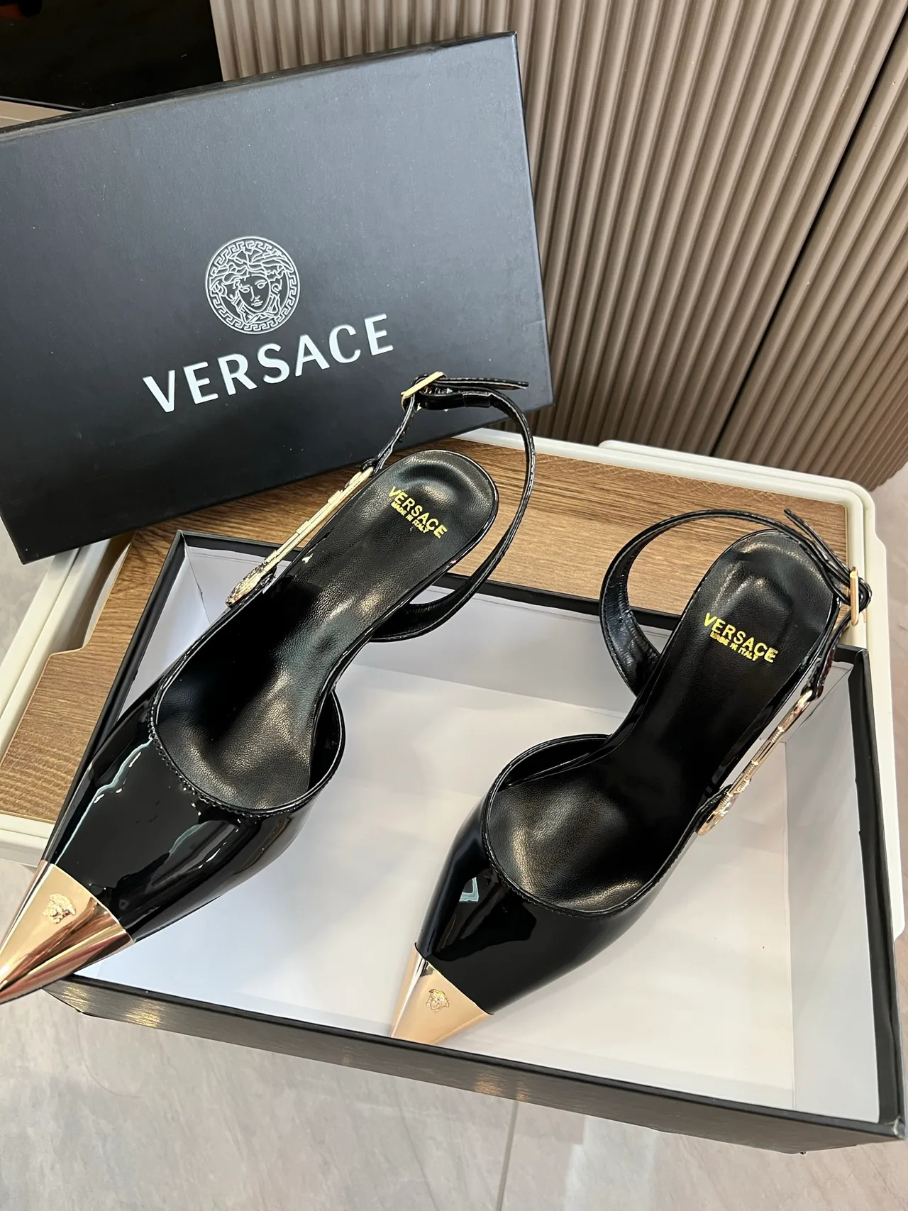 Versace Glossy Pointed-Toe Pointed Slingback Pumps in Black · view 3
