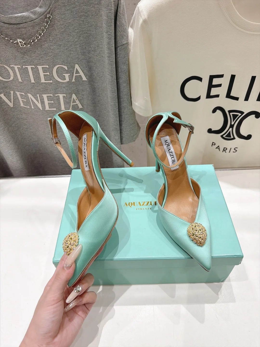 Aquazzura Silk Glossy Pointed-Toe Pointed Slingback Pumps in Blue · view 3