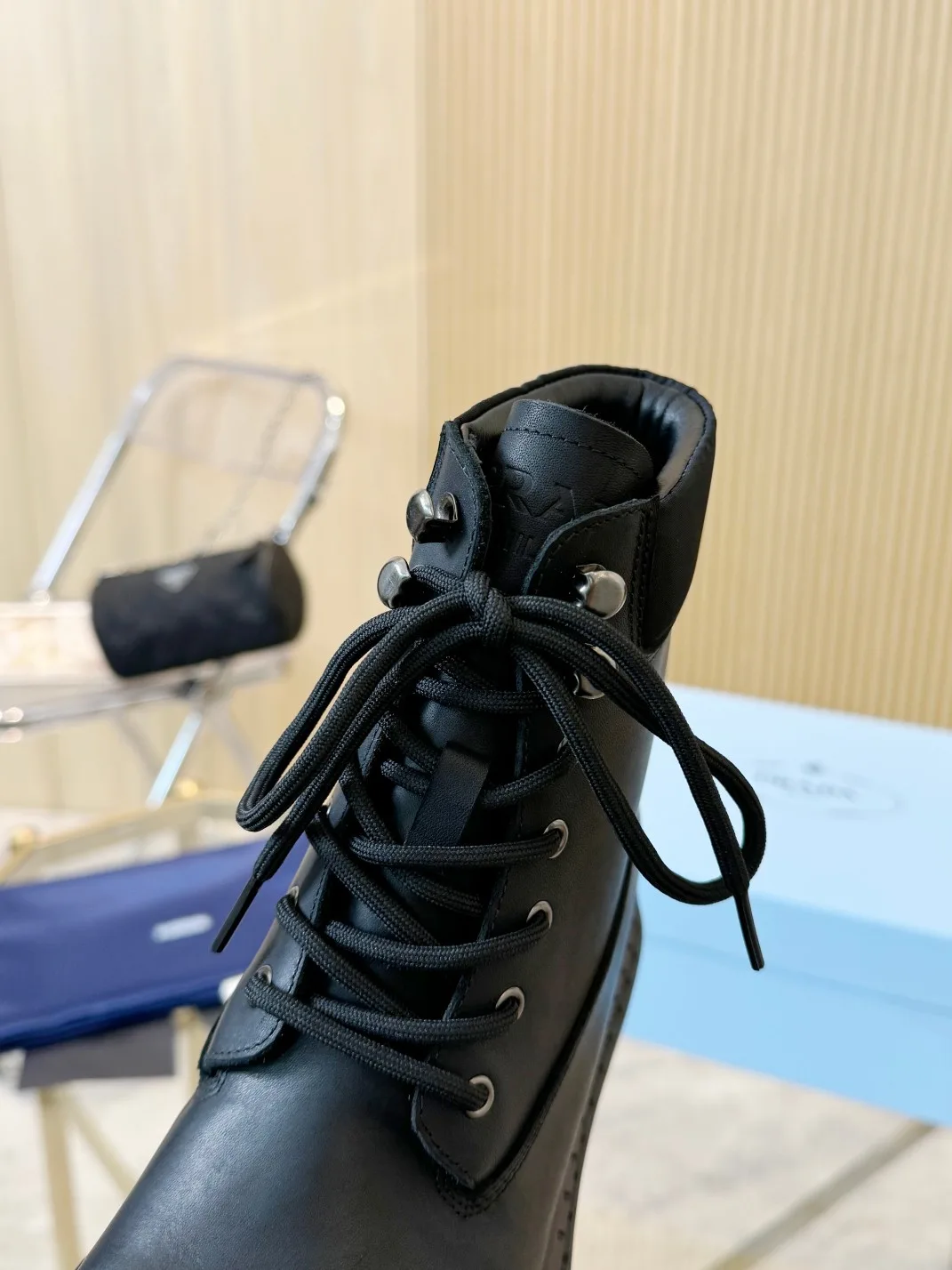 Prada Lace-Up Ankle Boots in Black · view 6
