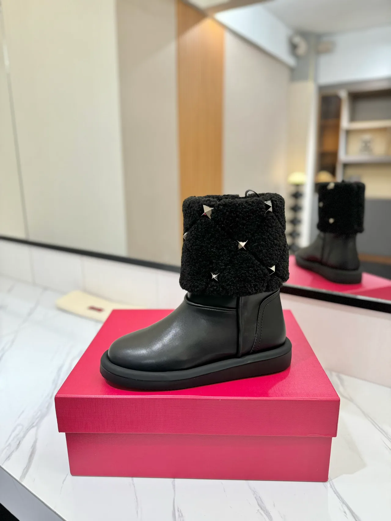 Valentino Cowhide Glossy Round-Toe Boots in Black · view 6