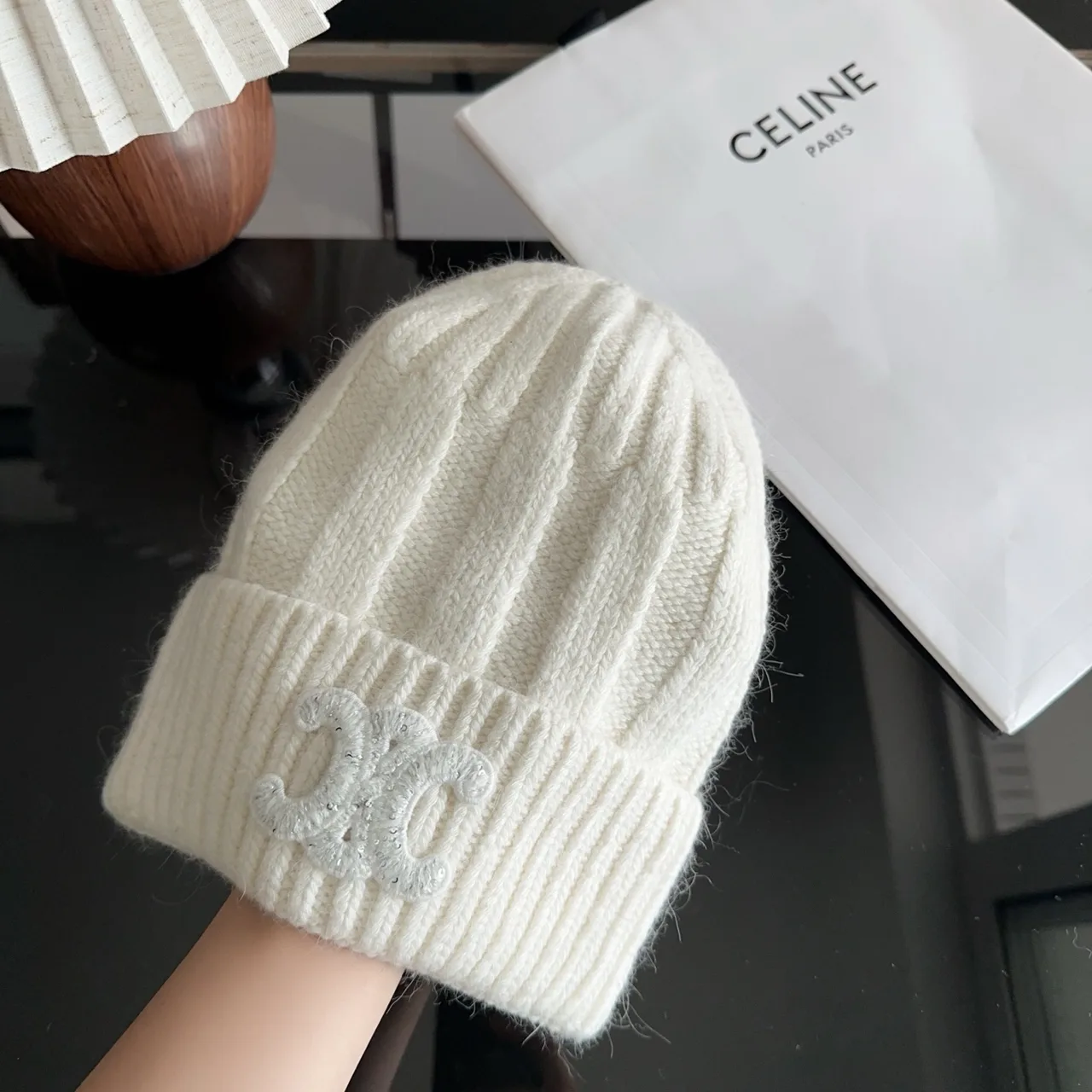 Celine Ribbed Glossy Beanie in White · view 3