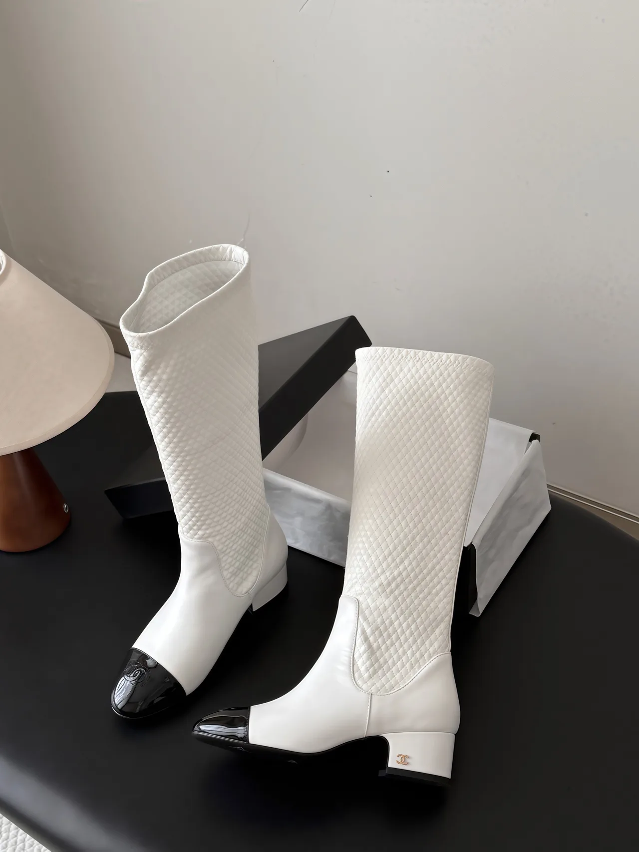 Chanel Cowhide Glossy Pointed-Toe Knee-High Boots in White · view 4