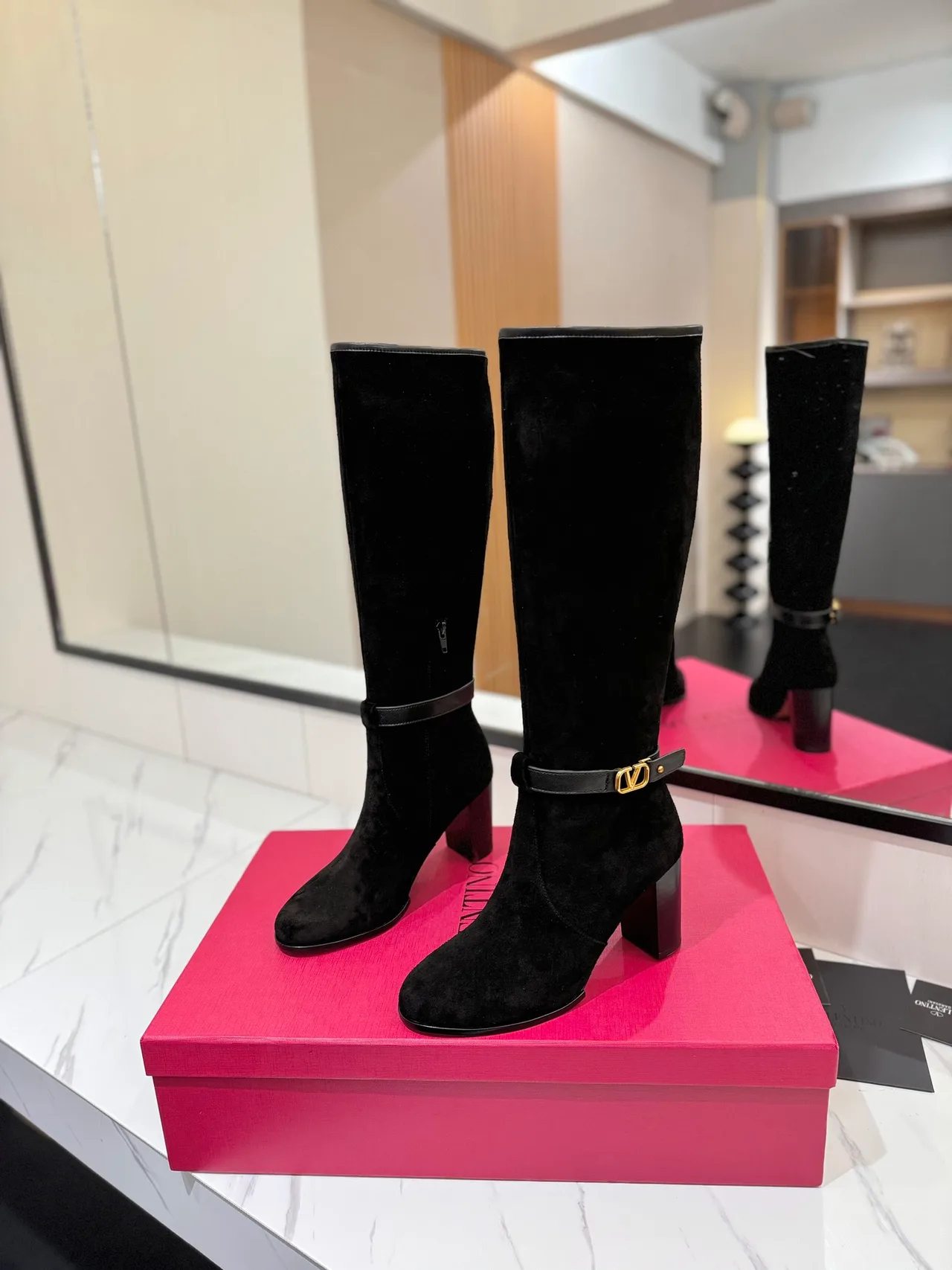 Valentino Calfskin Glossy Suede-Look Buckle Boots in Black · view 2