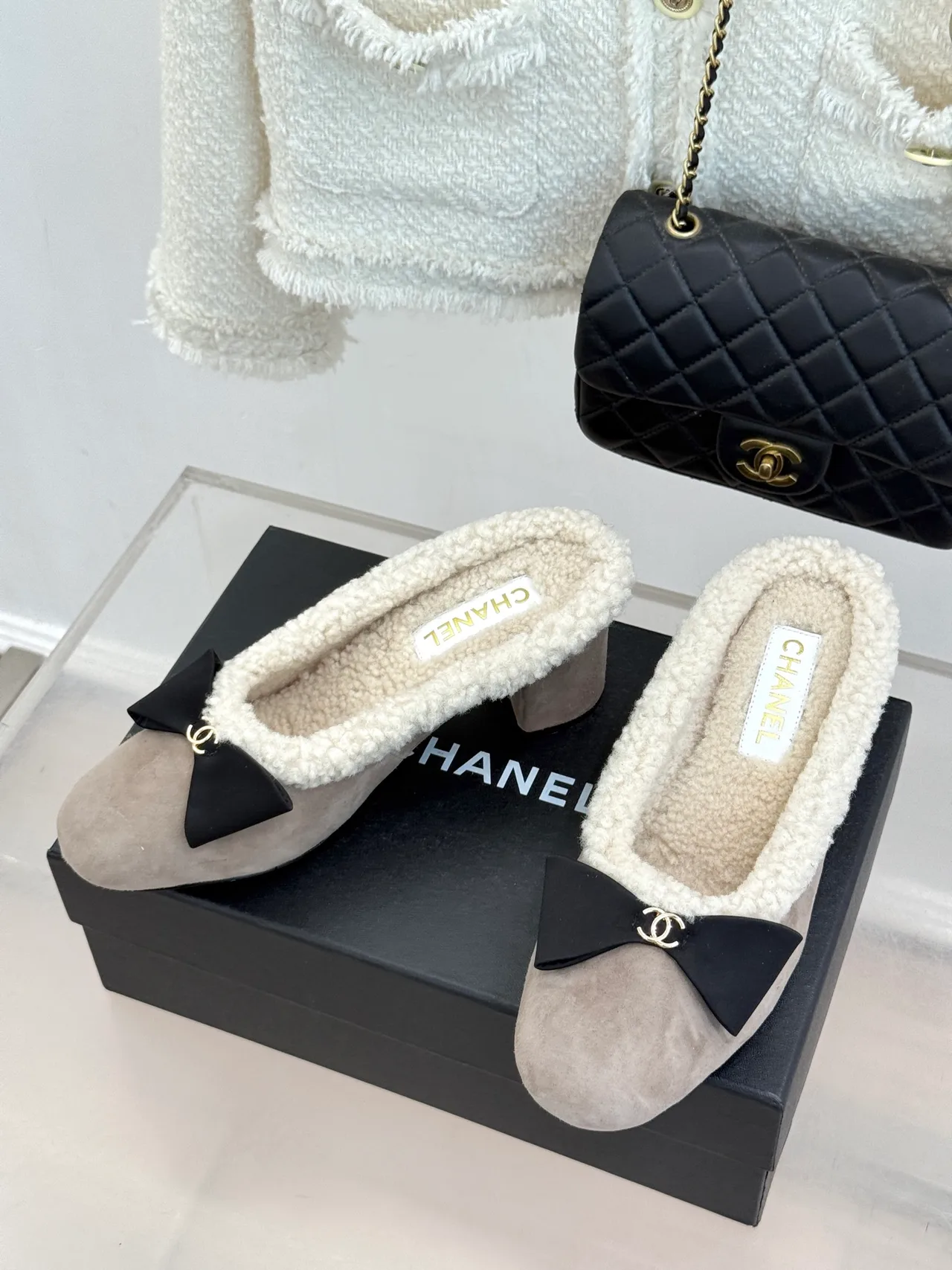 Chanel Bow Mules in Grey · view 2
