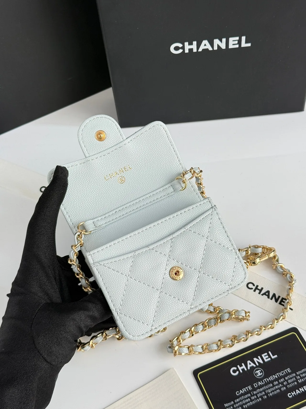 Chanel Quilted Chain Mini Wallet in Blue · view 6
