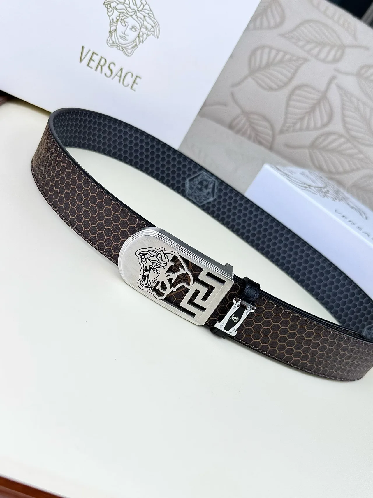 Versace Medusa Pattern Belt in Brown · view 7