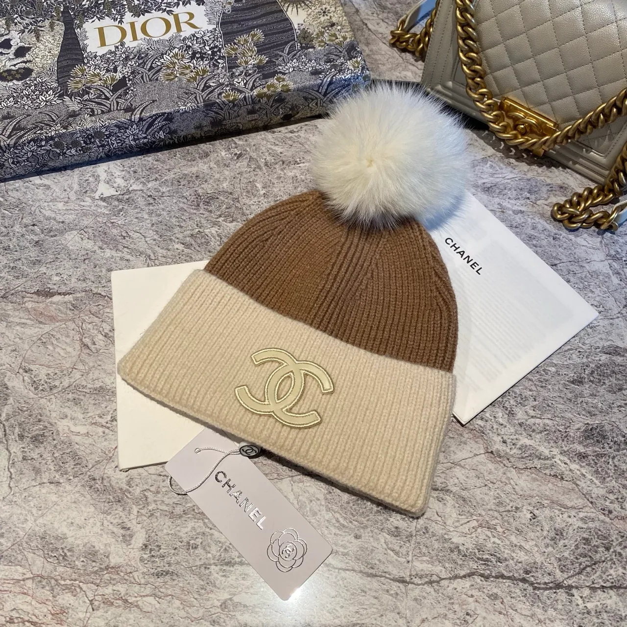 Chanel Pom-Pom Beanie in White & Black & Tan · view 4