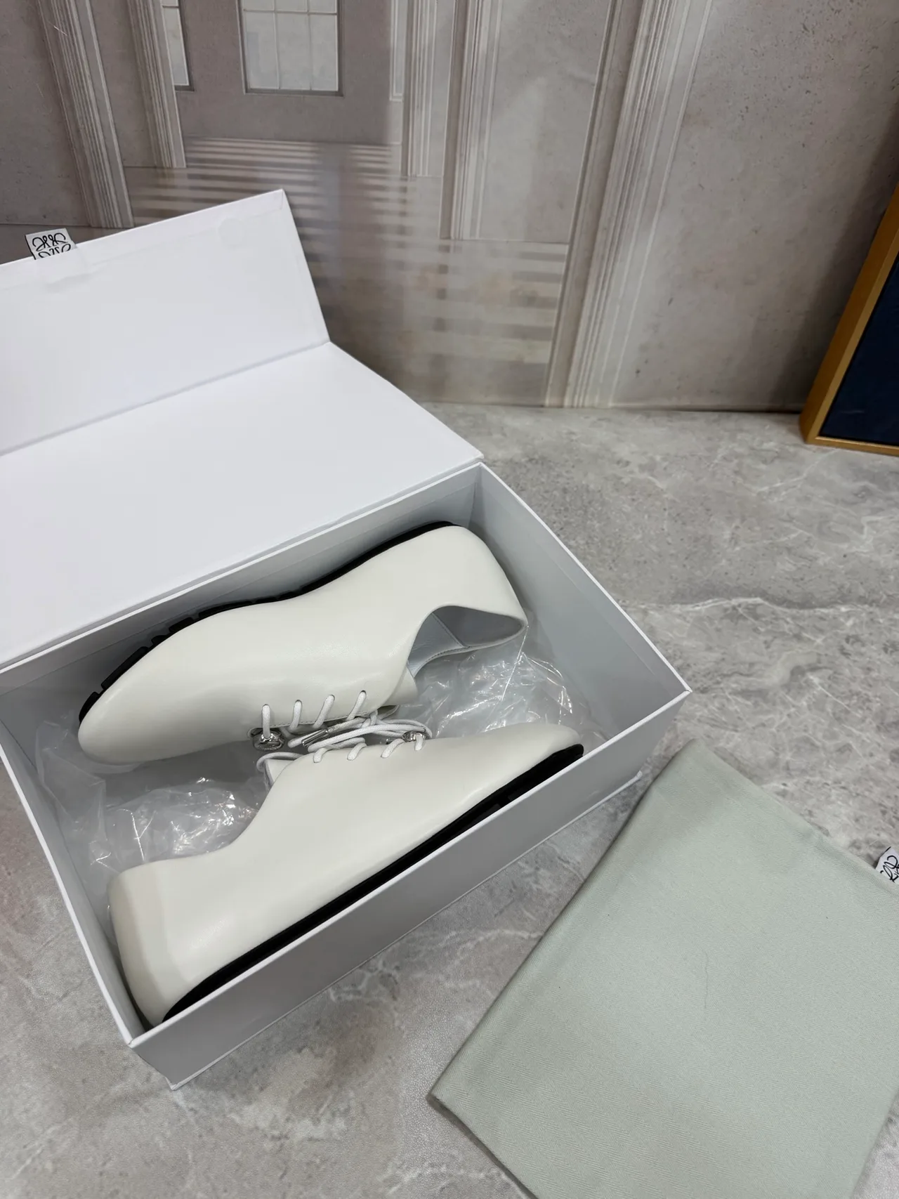 Loewe Sheepskin Round-Toe Lace-Up Shoes in White · view 7