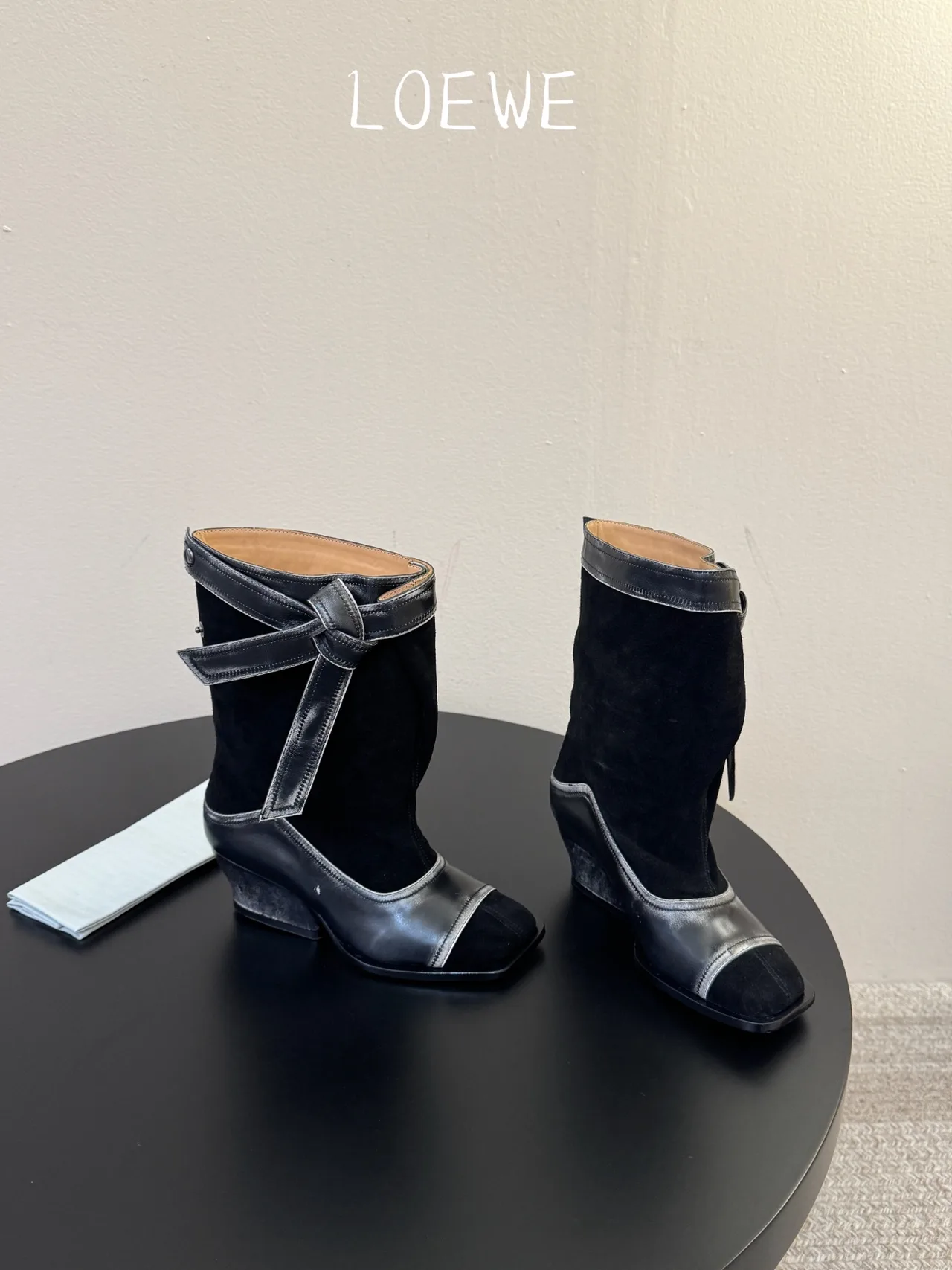 Loewe Cowhide Glossy Suede-Look Pointed-Toe Ankle Boots in Black · view 4