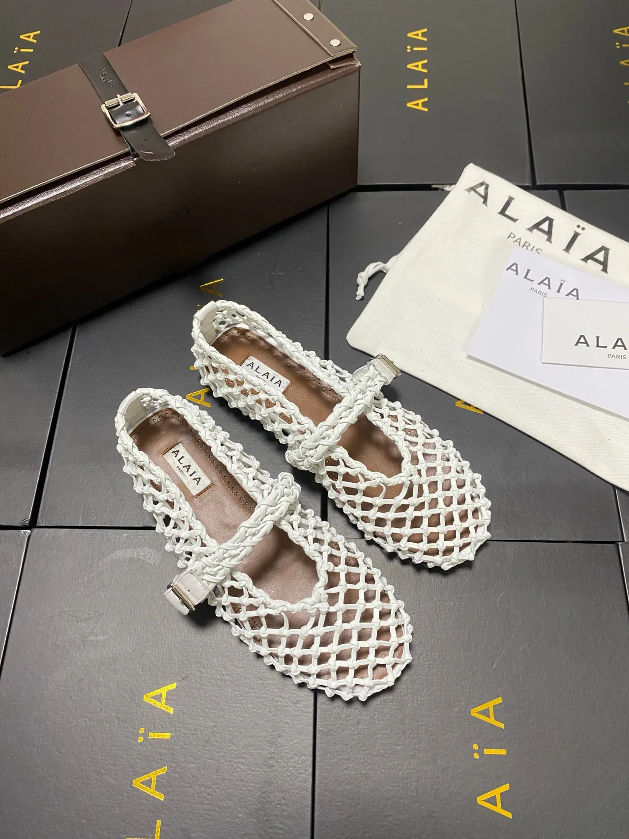 Alaia Cowhide Sheepskin Square-Toe Mesh Mary Jane Flats in White · view 4