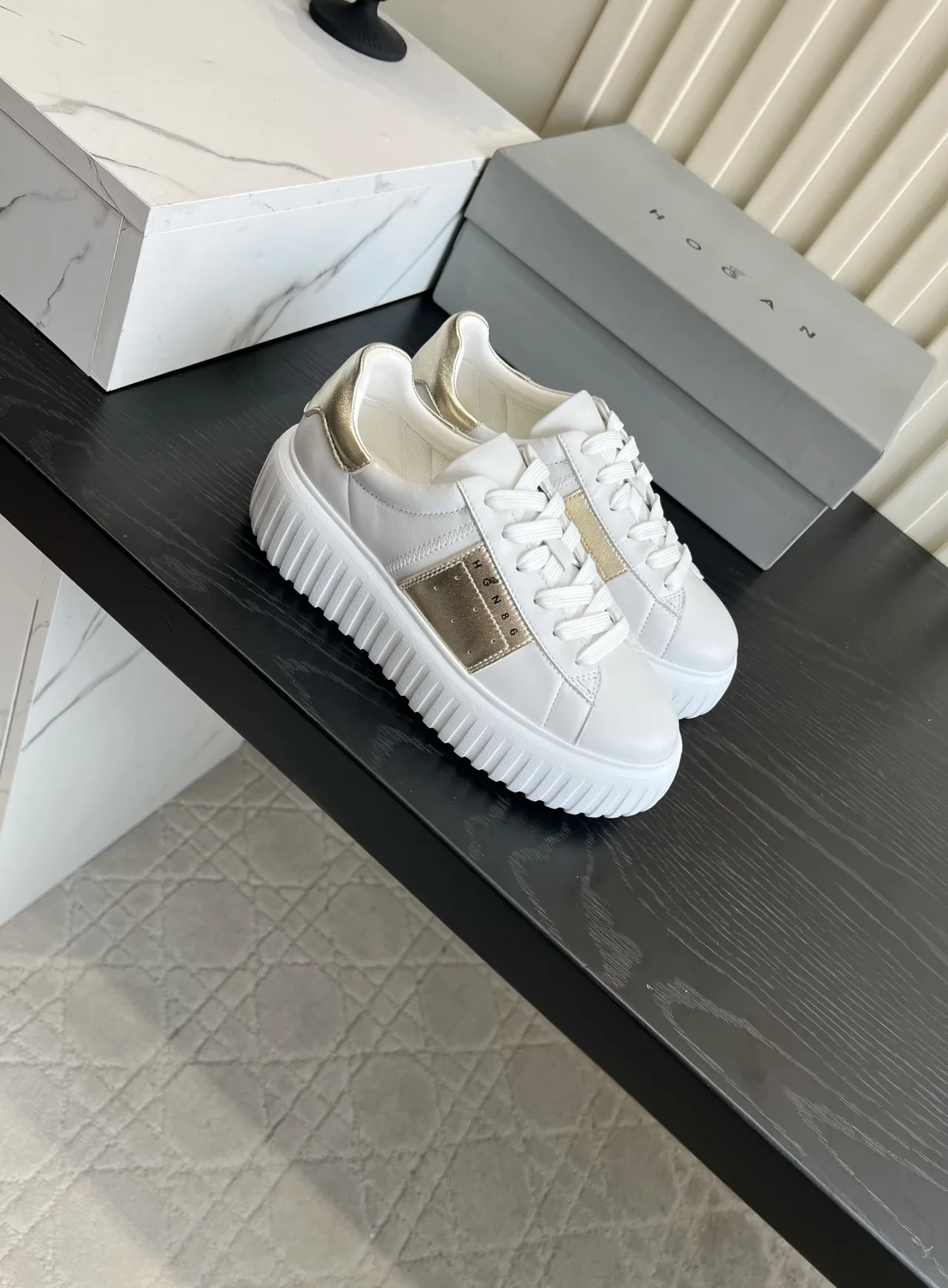 Hogan Cowhide Lace-Up Sneakers in White · view 3