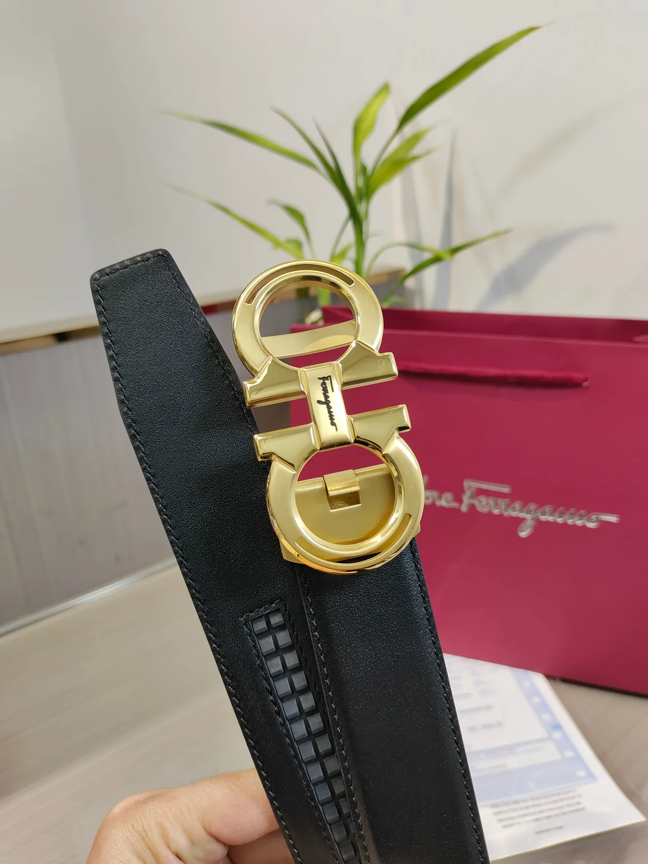 Ferragamo Calfskin Glossy Belt in Black · view 6
