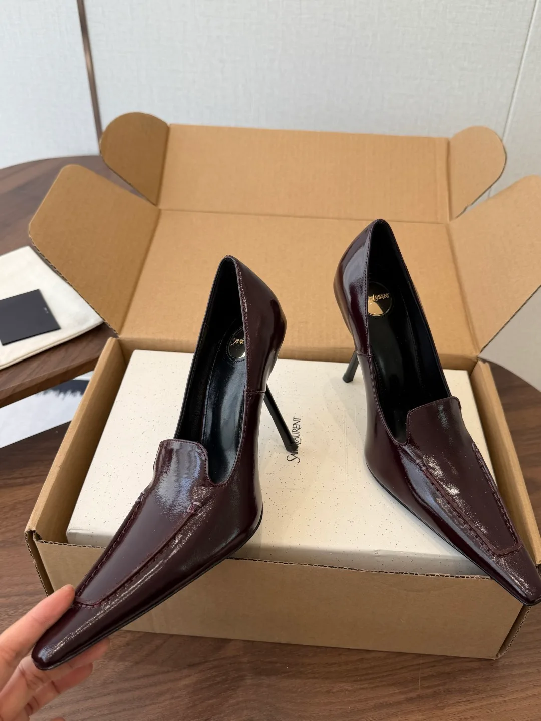 Saint Laurent Cowhide Glossy Pointed-Toe Pumps in Burgundy · view 5