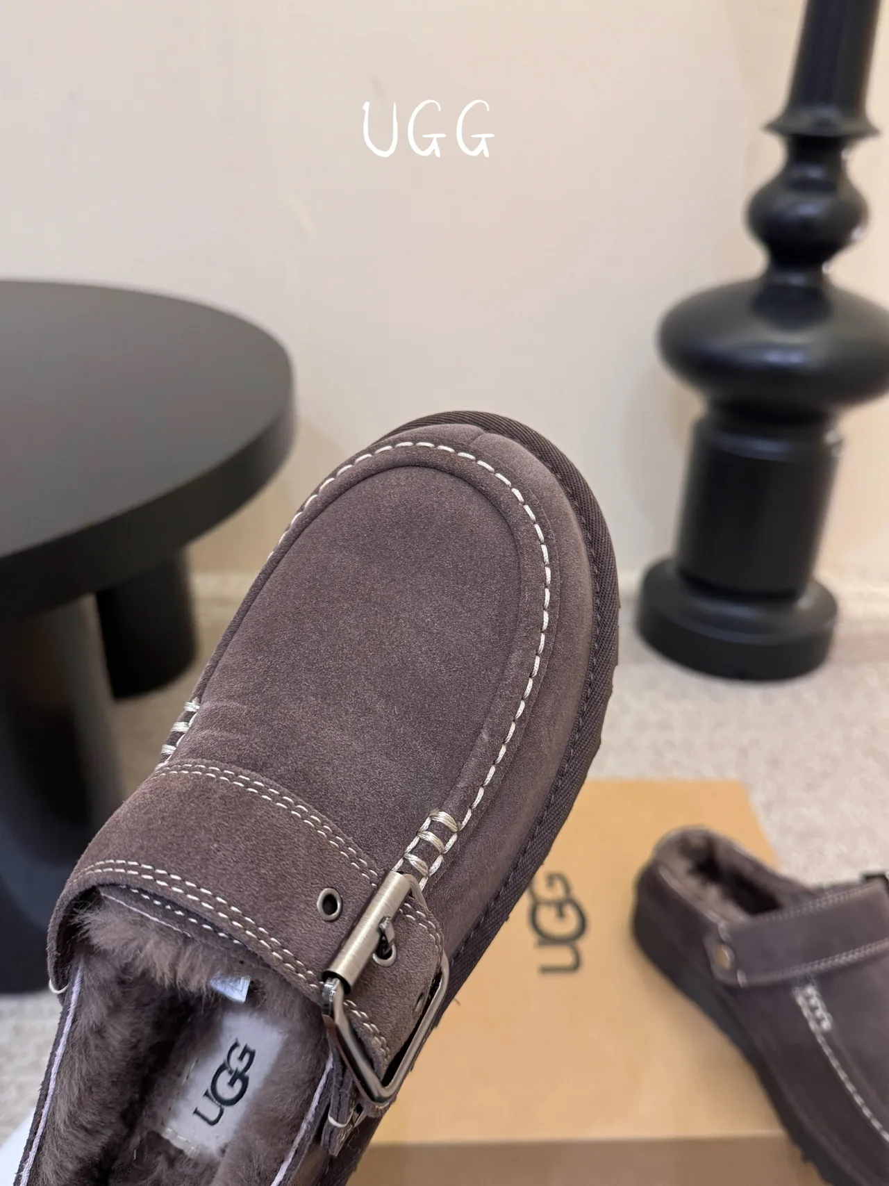 UGG Wool Suede-Look Buckle Lined Loafer Mules in Brown · view 7