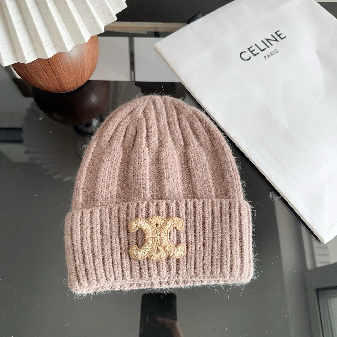 Celine Ribbed Glossy Beanie in Brown · view 1