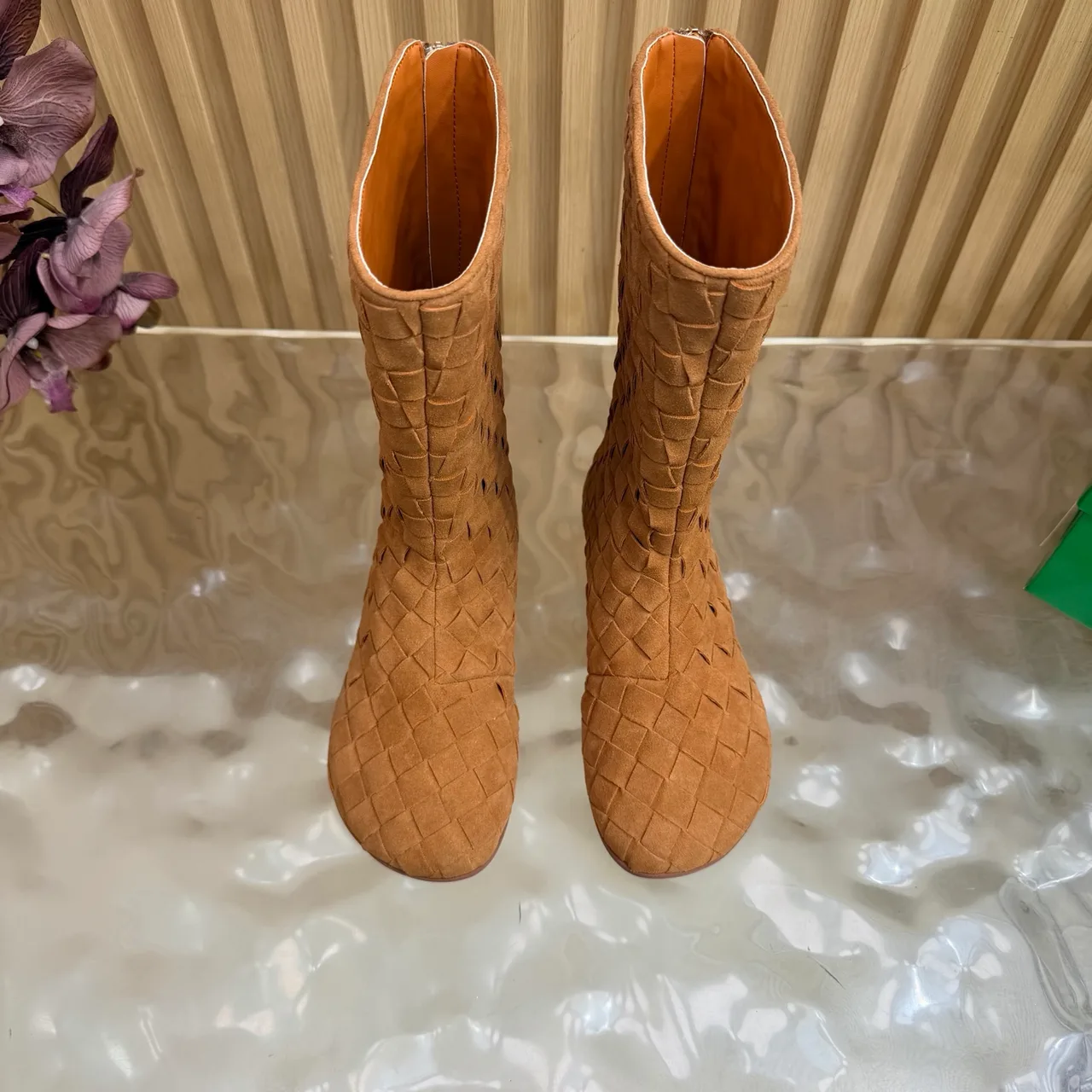 Bottega Veneta Quilted Woven Round-Toe Ankle Boots in Tan · view 5