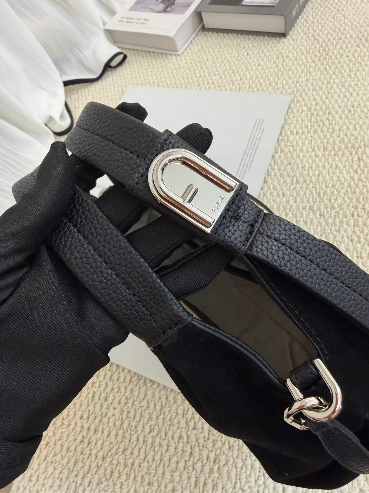 Furla Cowhide Smooth Hobo Bag in Black · view 7