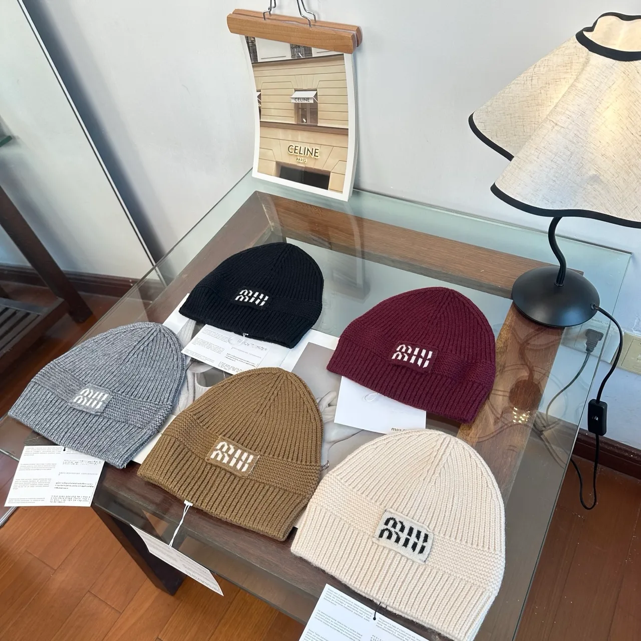 Miu Miu Logo knit beanie in Black & Grey & Burgundy & Tan & Cream · view 2