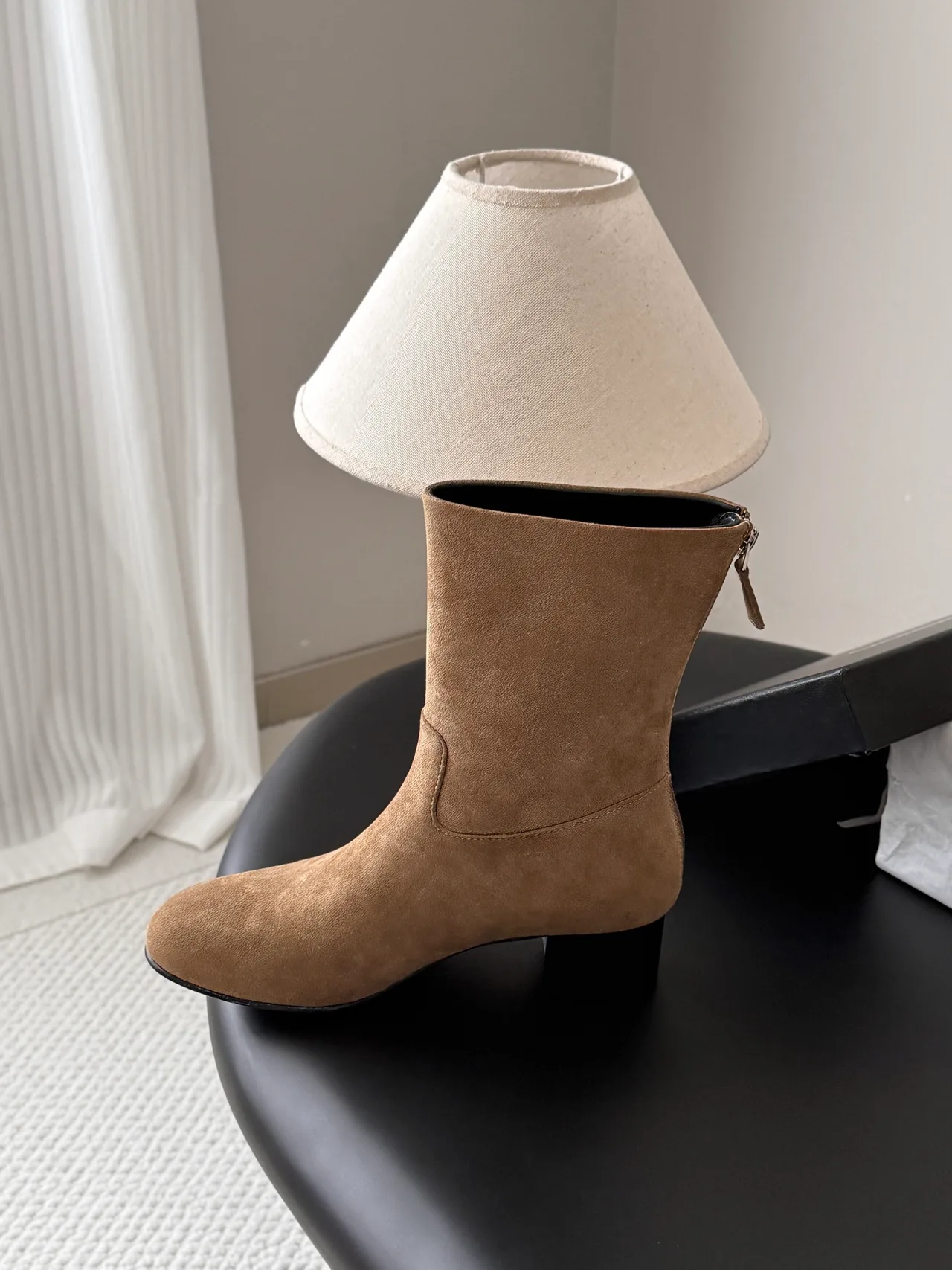 Chanel Sheepskin Suede-Look Round-Toe Ankle Boots in Tan · view 8
