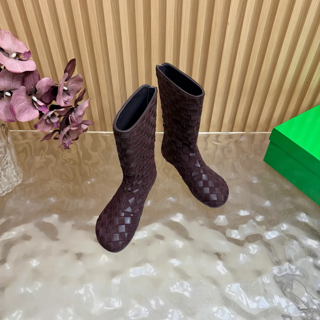 Bottega Veneta Woven Glossy Pointed-Toe Ankle Boots in Brown · view 6