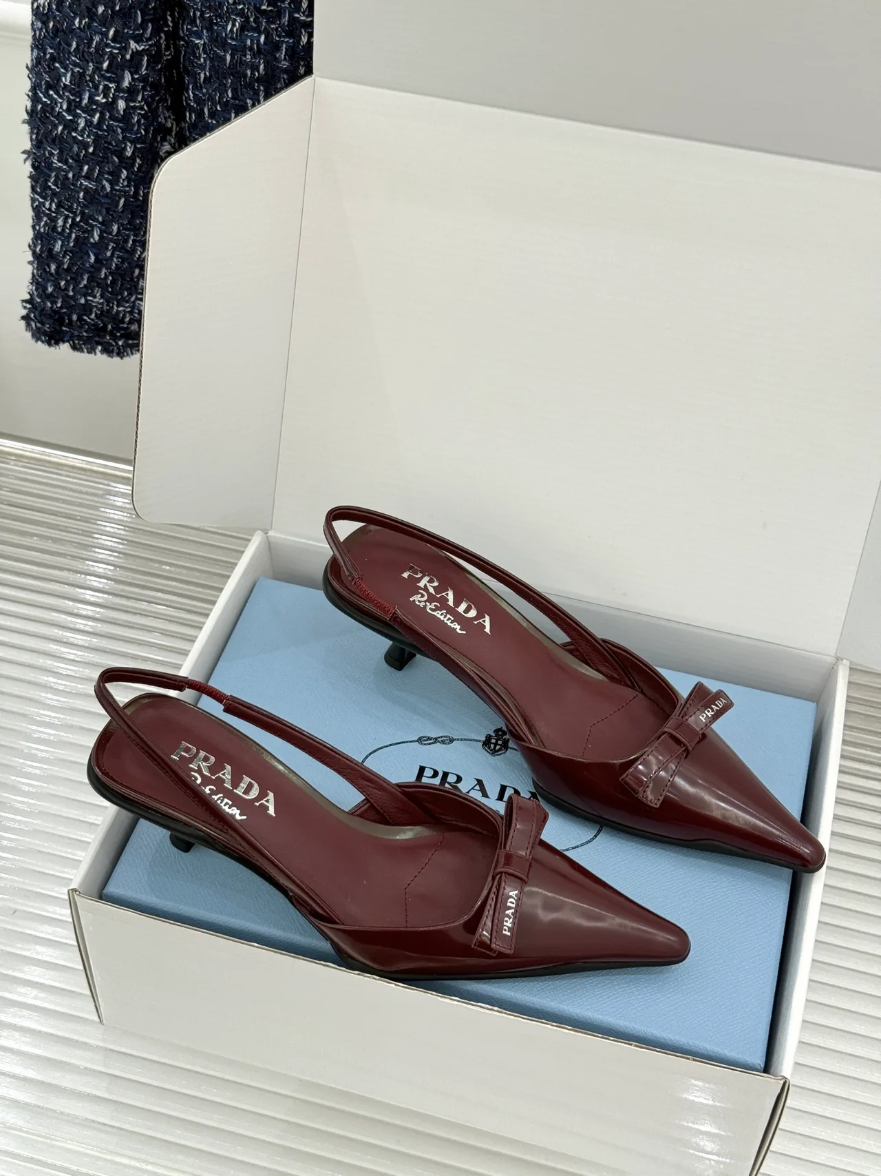 Prada Lambskin Pointed Slingback Pumps in Burgundy · view 4