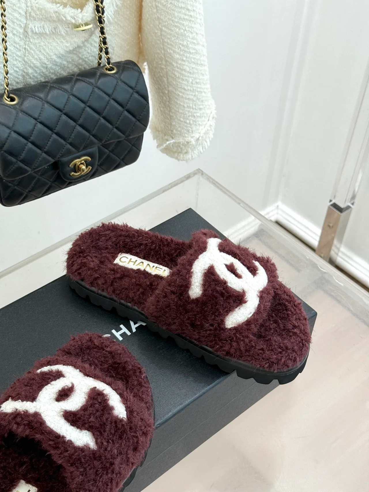 Chanel Denim Slippers in Burgundy · view 5
