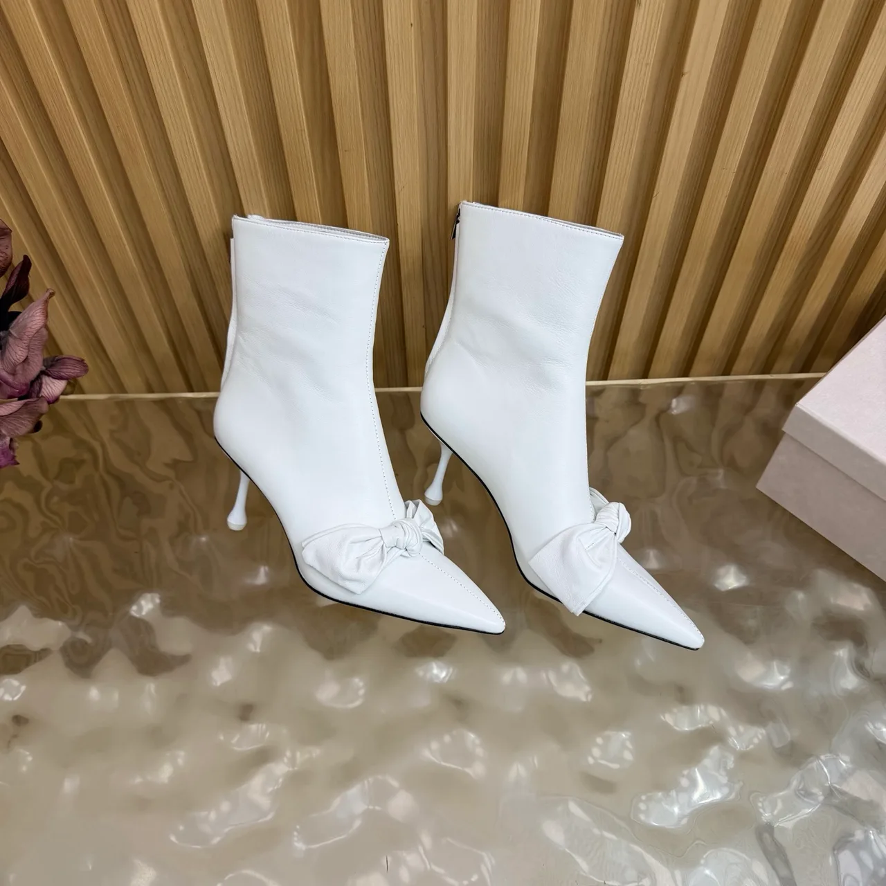Jimmy Choo Cowhide Glossy Pointed-Toe Bow Ankle Boots in White · view 7