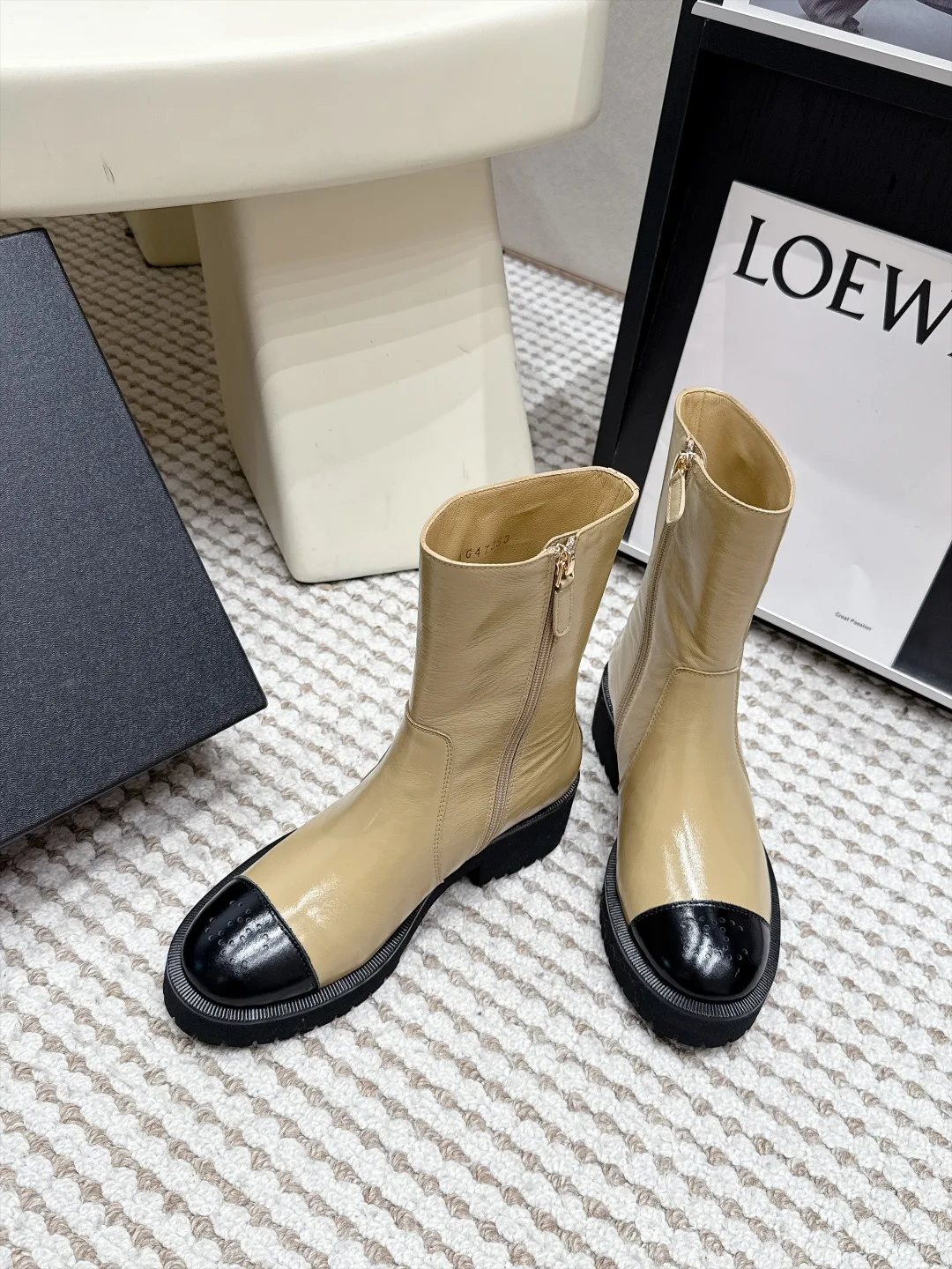 Loewe Cowhide Glossy Cap-Toe Ankle Boots in Tan · view 4