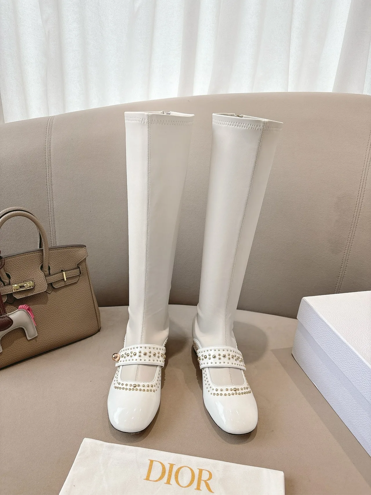 Dior Sheepskin Patent Leather Glossy Pointed-Toe Buckle Knee-High Boots in White · view 1