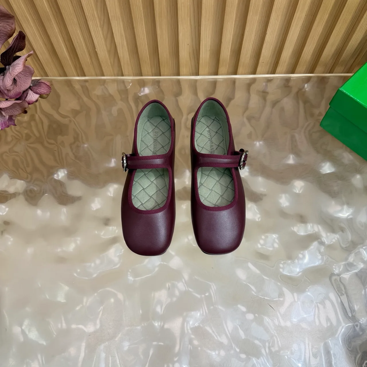 Bottega Veneta Sheepskin Quilted Glossy Buckle Mary Jane Flats in Burgundy · view 1