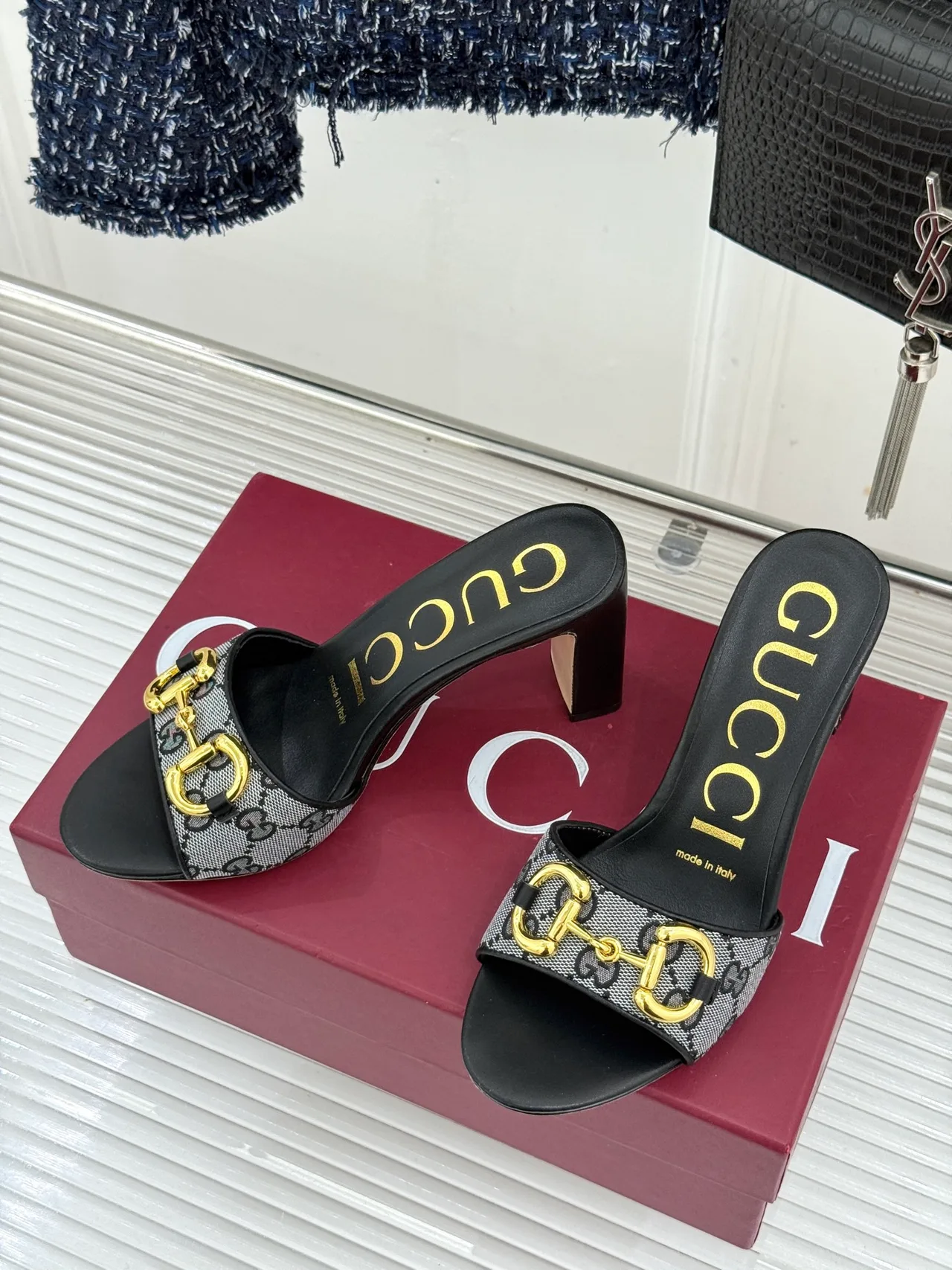 Gucci Canvas Denim Glossy Mules in Black · view 2