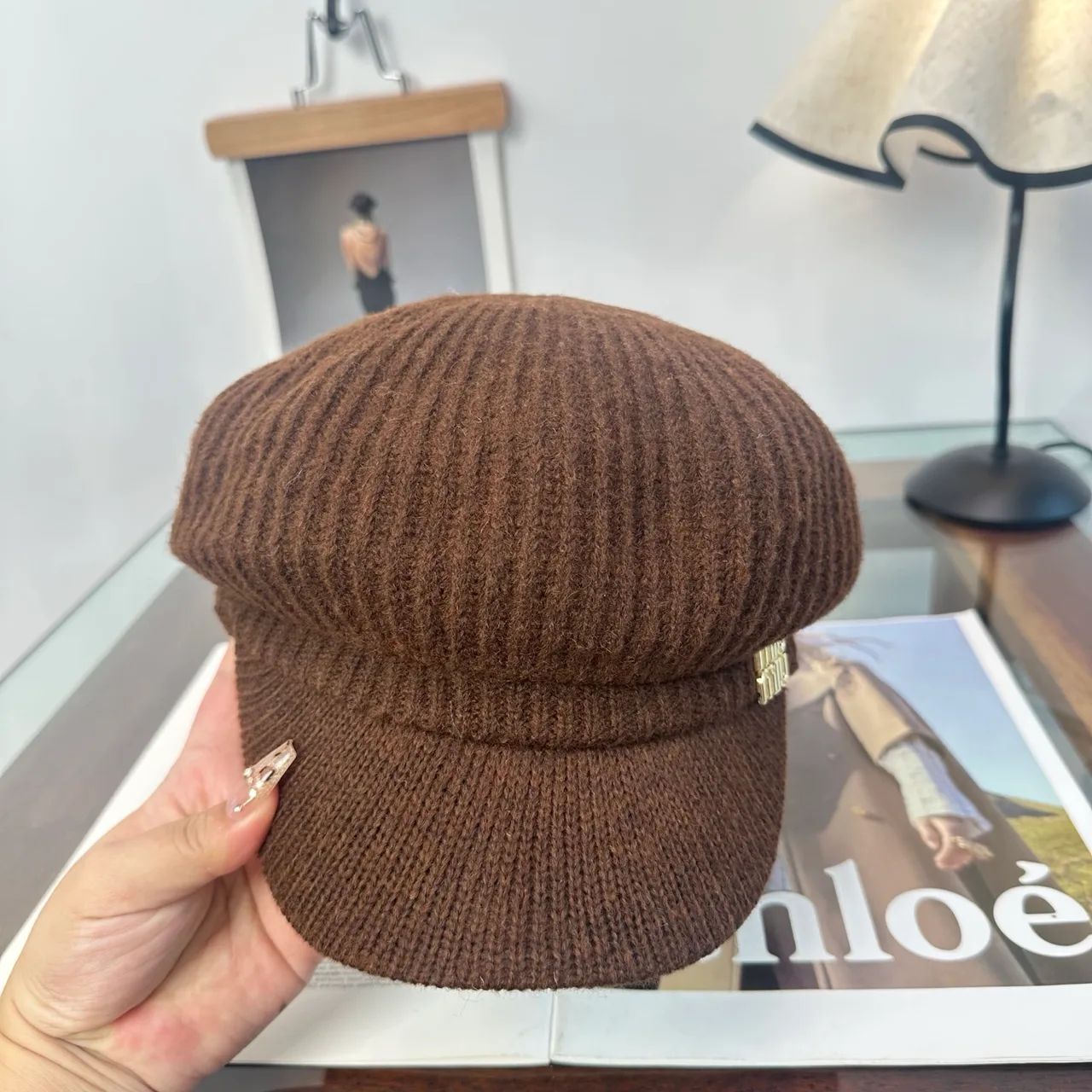 Miu Miu Knit Brimmed Cap in Brown & Beige & Grey & Cream & Black · view 7