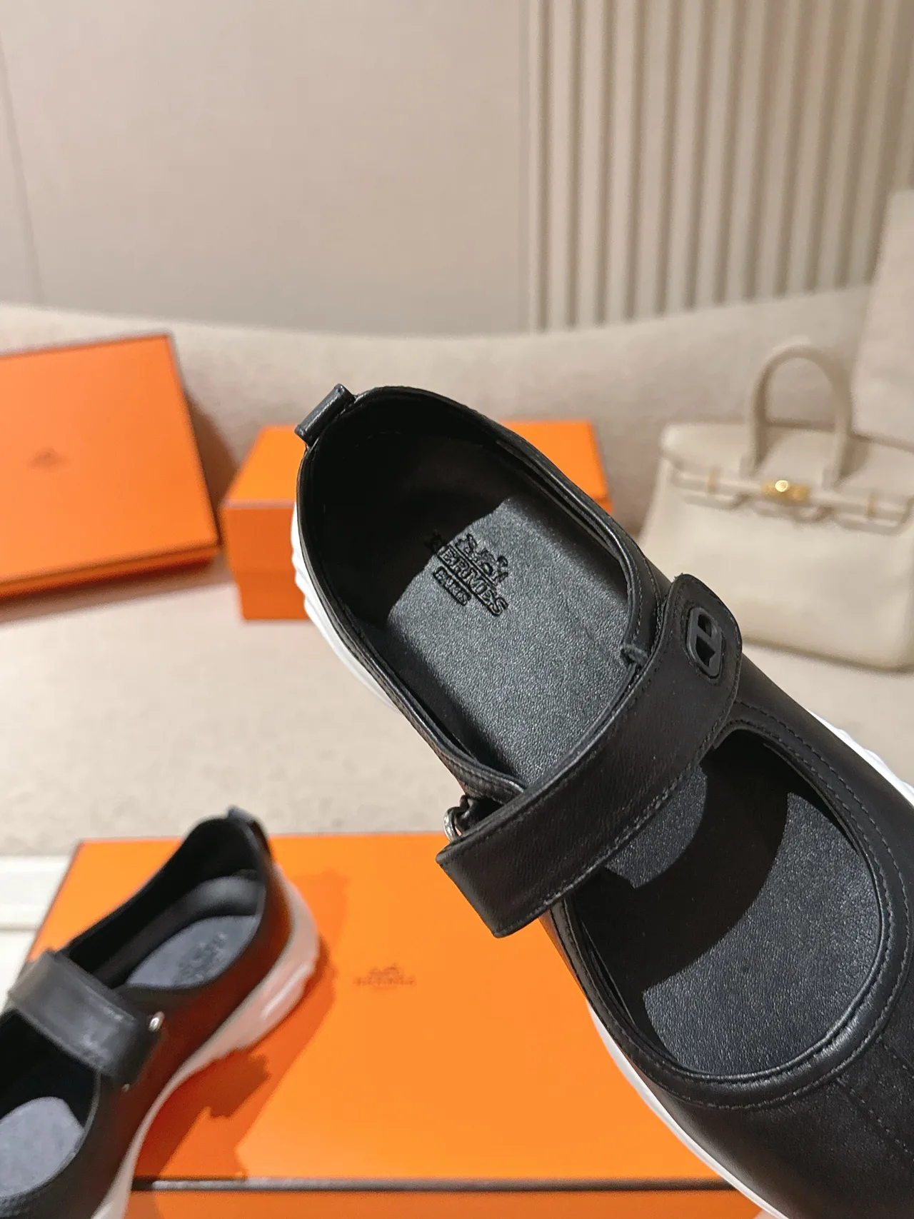 Hermes Lambskin Round-Toe Buckle Mary Jane Shoes in Black · view 6