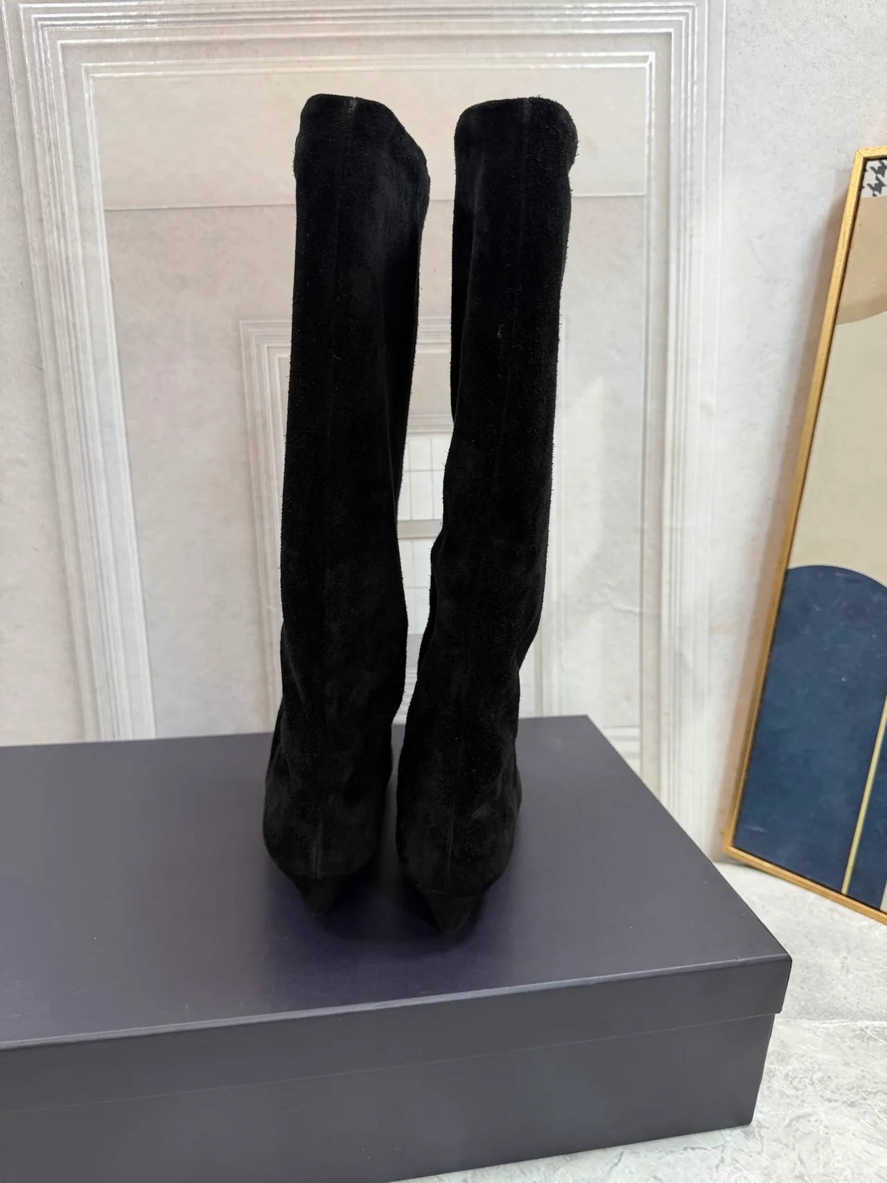 Suede-Look Pointed-Toe Knee-High Block-Heel Boots in Black · view 8