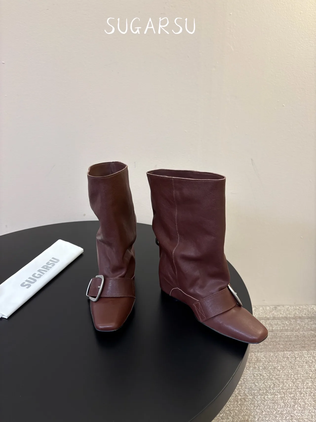 Sugar Su Sheepskin Smooth Square-Toe Buckle Mid-Calf Boots in Brown · view 2