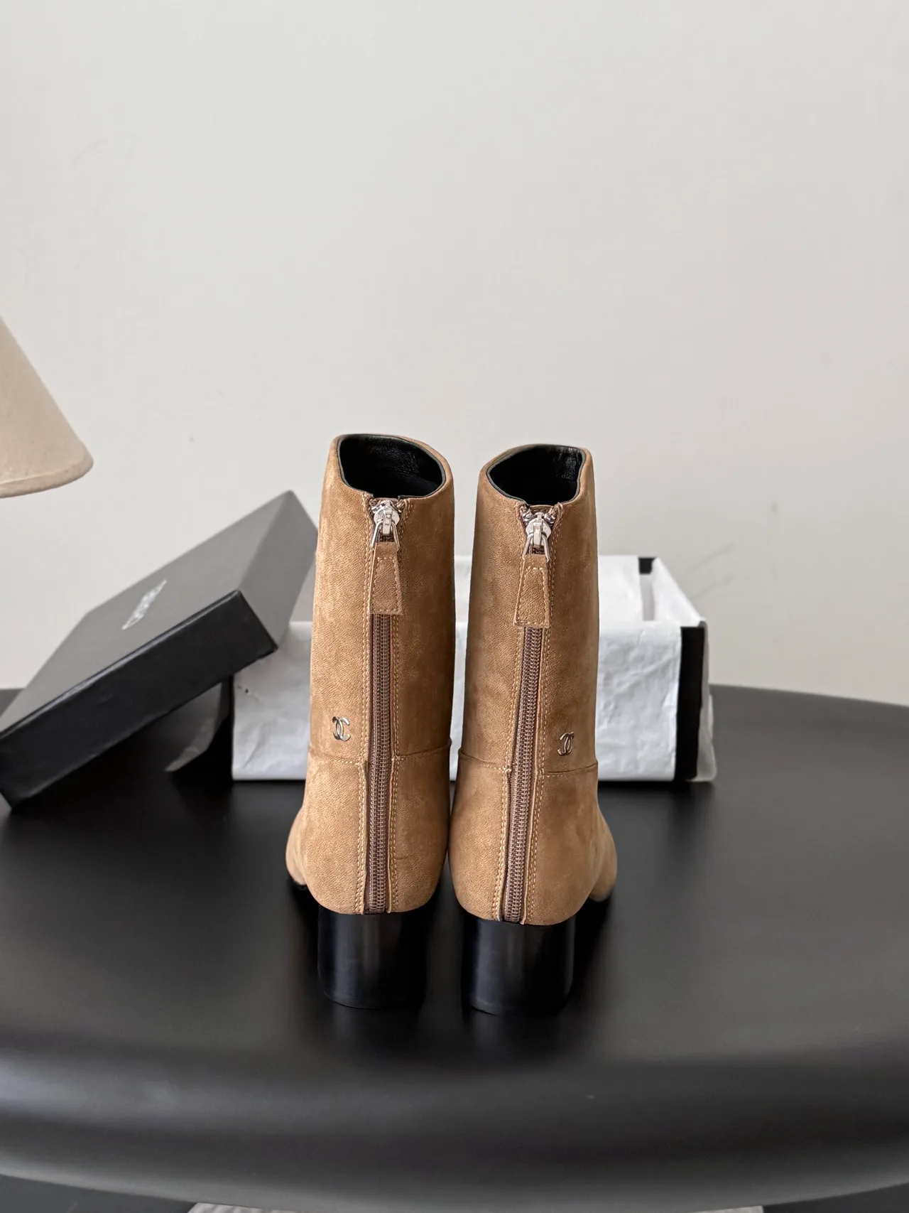 Chanel Sheepskin Suede-Look Round-Toe Ankle Boots in Tan · view 5