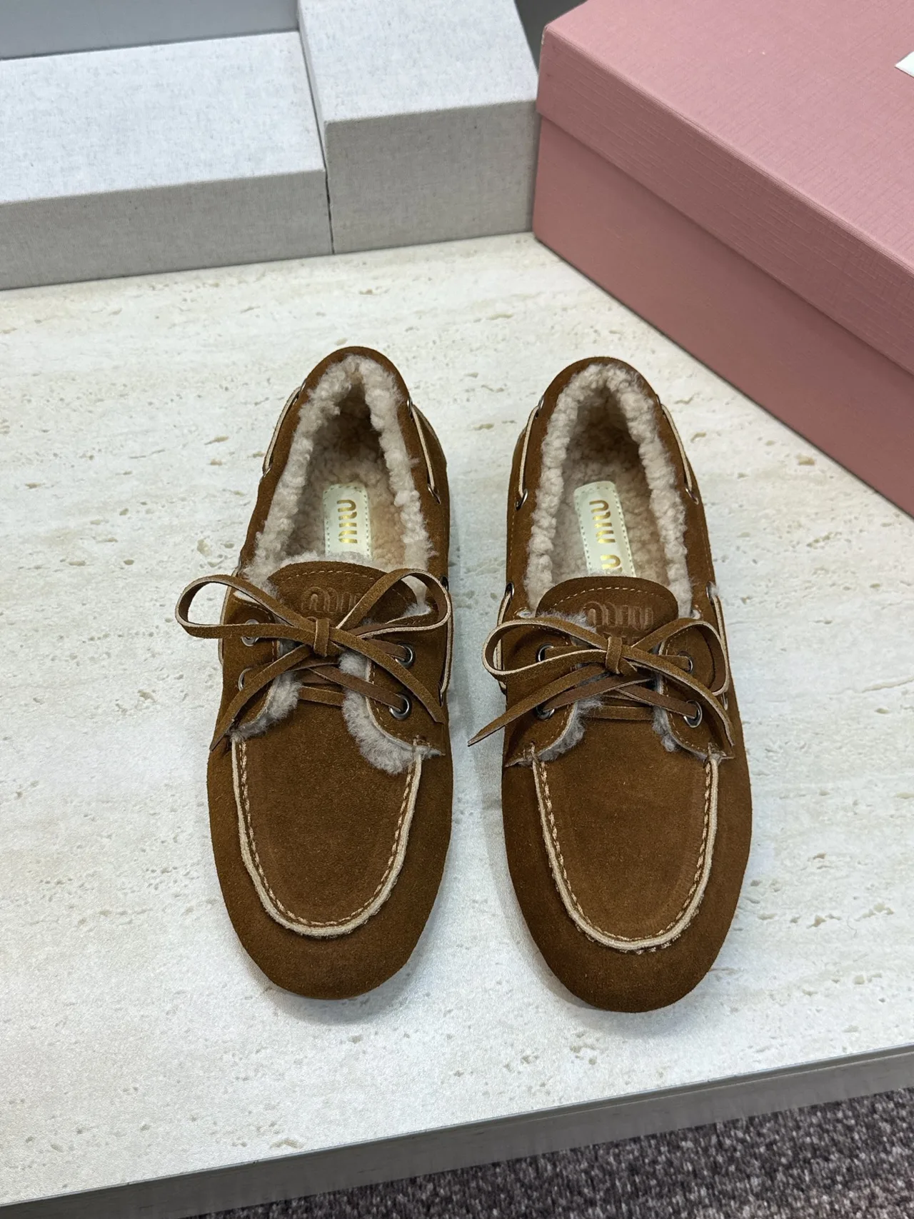 Miu Miu Calfskin Suede-Look Lined Moccasins in Brown · view 2